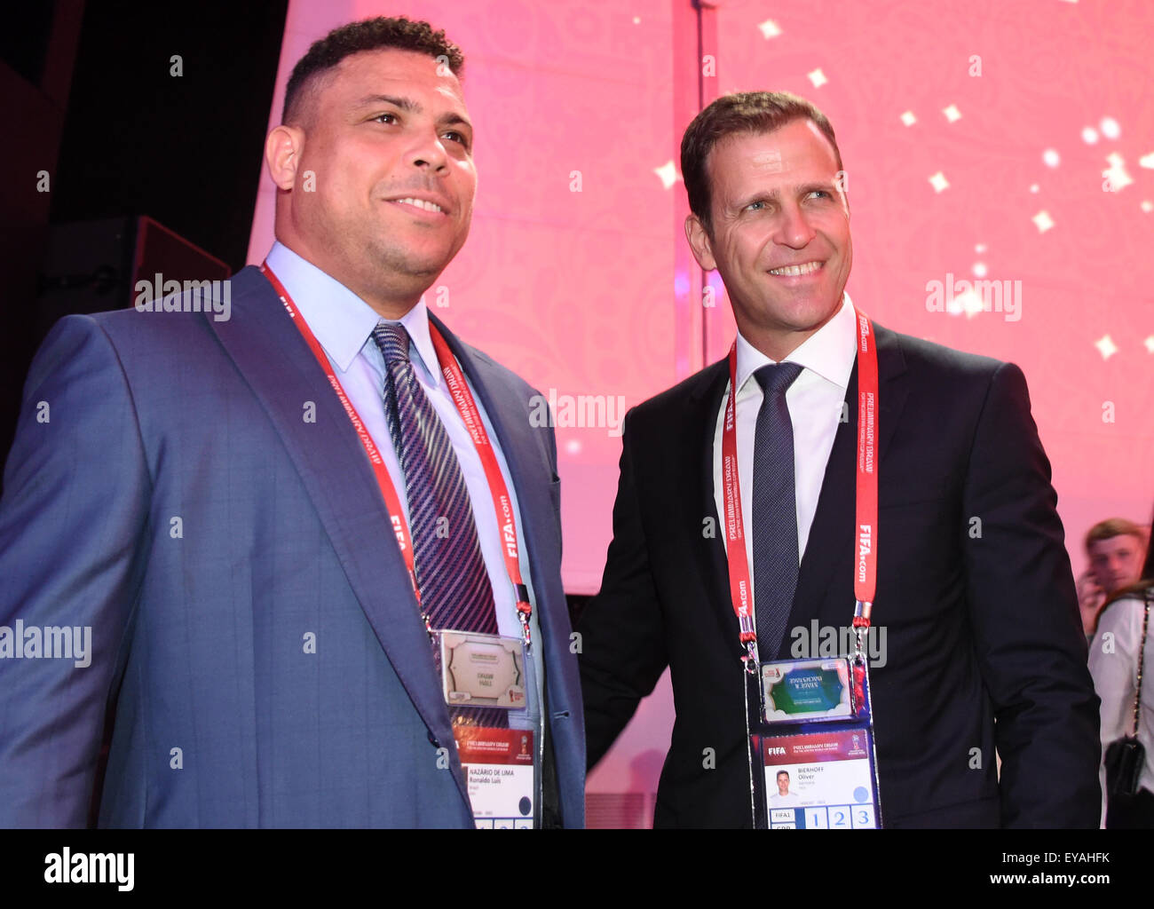 St. Petersburg, Russia. 25th July, 2015. Oliver Bierhoff (R), team manager of the German national soccer team, and former professional soccer player Ronaldo from Brazil attend the Preliminary Draw of the FIFA World Cup 2018 in St. Petersburg, Russia, 25 July 2015. St. Petersburg is one of the host cities of the FIFA World Cup 2018 in Russia which will take place from 14 June until 15 July 2018. Photo: MARCUS BRANDT/dpa Credit:  dpa picture alliance/Alamy Live News Stock Photo