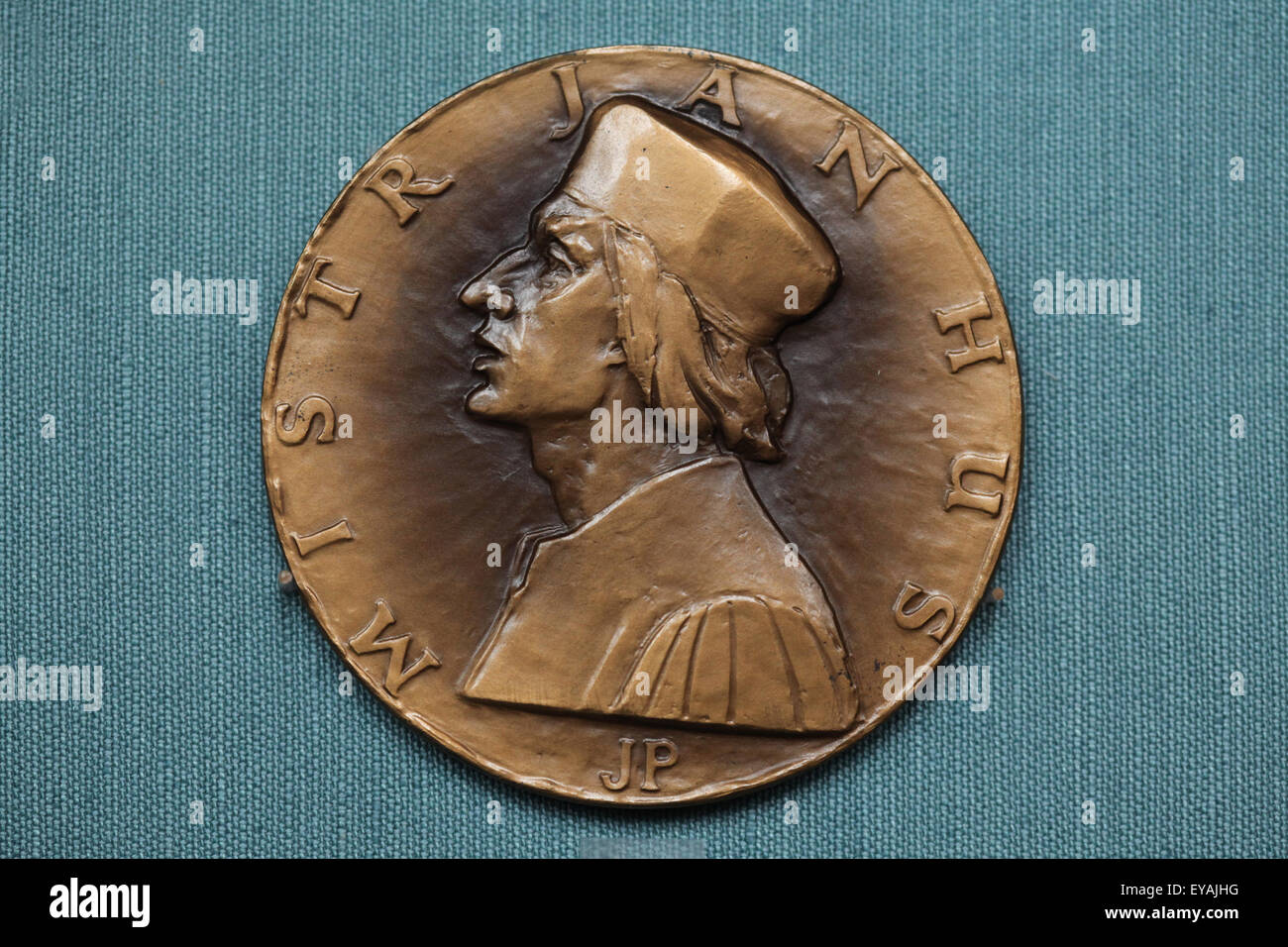 Master Jan Hus. Commemorative medal designed by Czech sculptor and medal engraver Jiri Pradler, 1965. Kunsthistorisches Museum, Vienna, Austria. The medal commemorates the 550th anniversary of the martyrdom of Master Jan Hus. Stock Photo