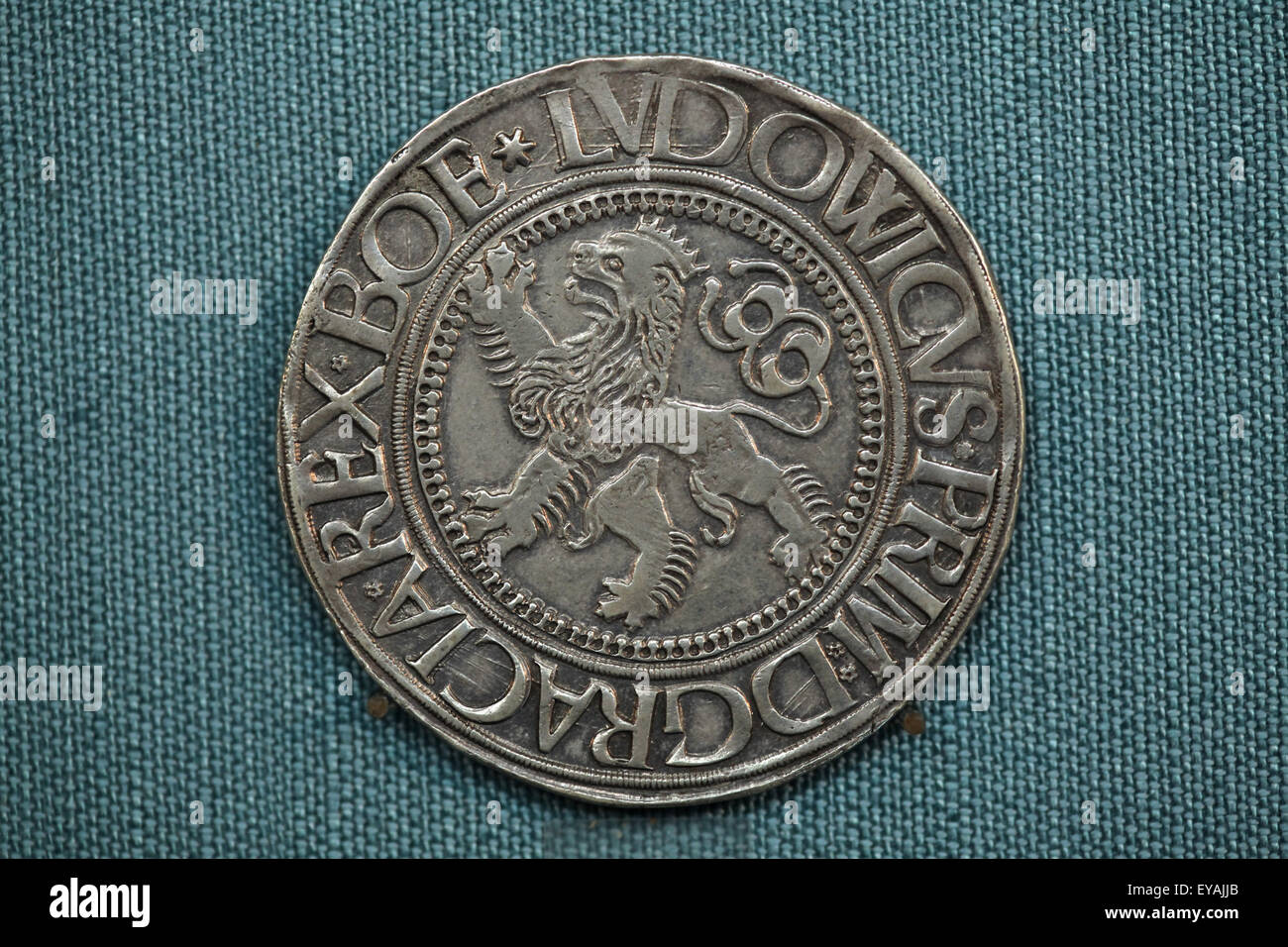 Bohemian Joachimsthaler. Silver coin minted in the 16th century in Joachimsthal, now Jachymov, Czech Republic. Kunsthistorisches Museum, Vienna, Austria. Bohemian heraldic lion is depicted on the reverse. Stock Photo