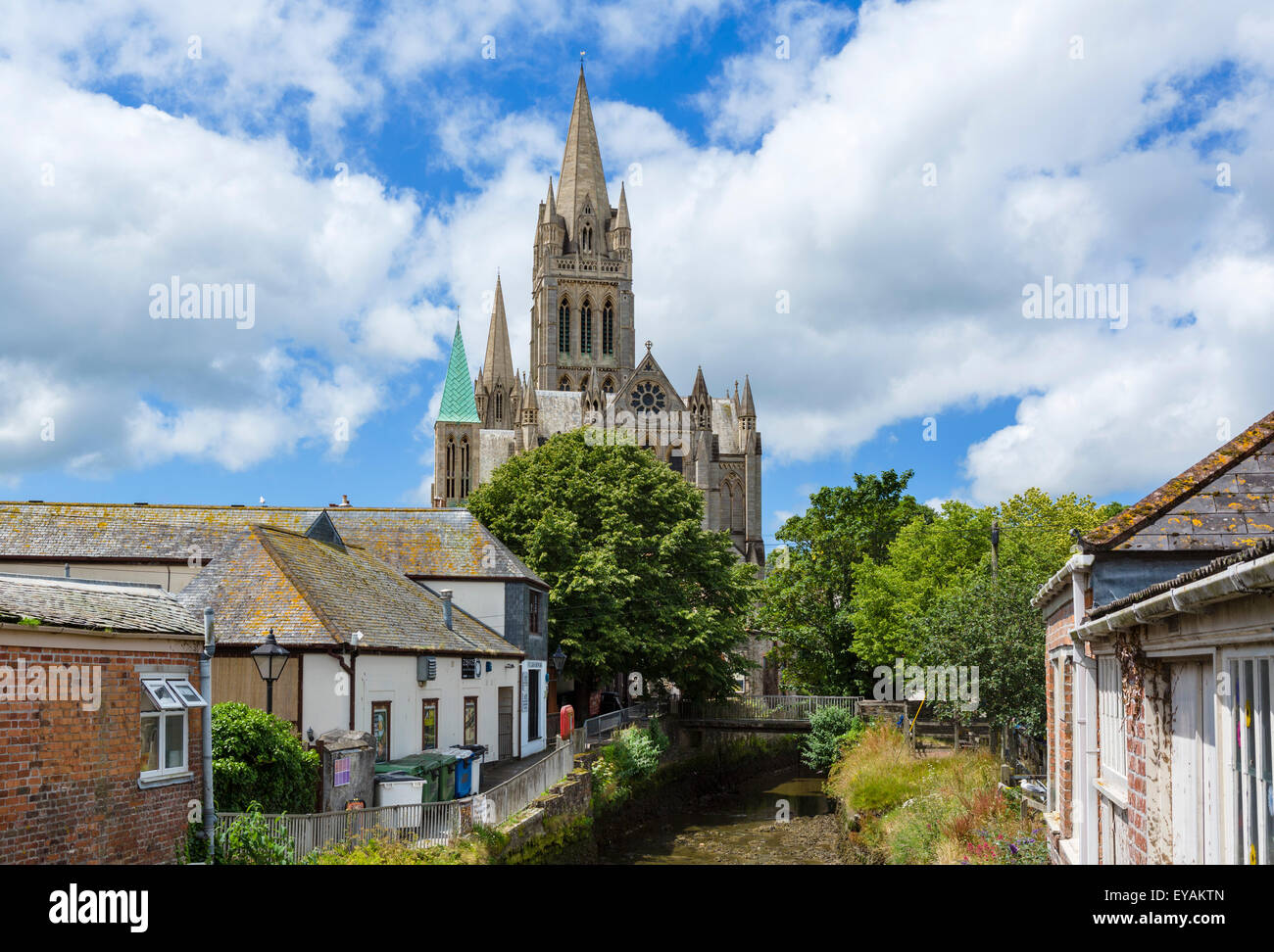 The Cathedral and River Allen  from New Bridge Street, Truro, Cornwall, England, UK Stock Photo