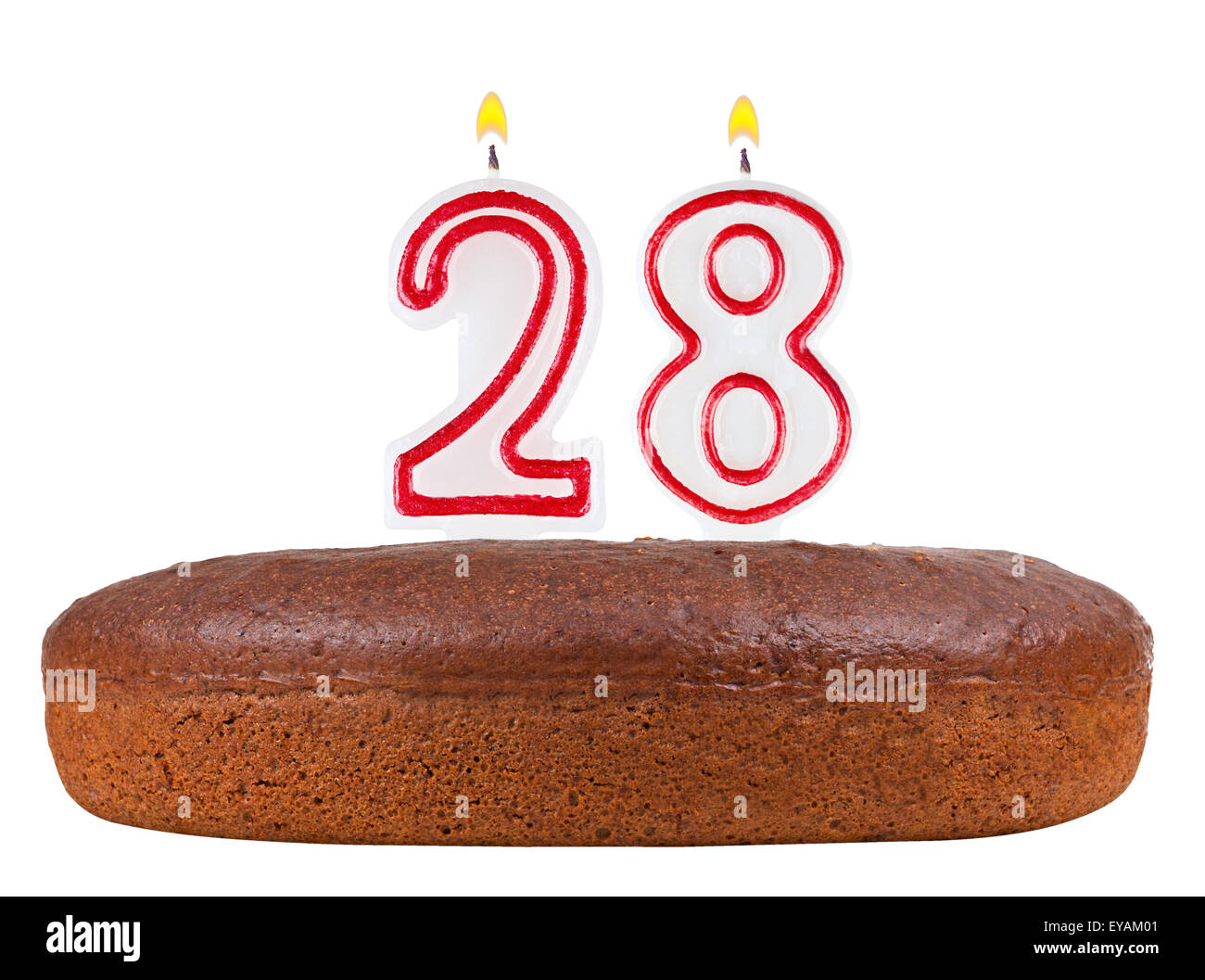 birthday cake with candles number 28 isolated on white background Stock Photo
