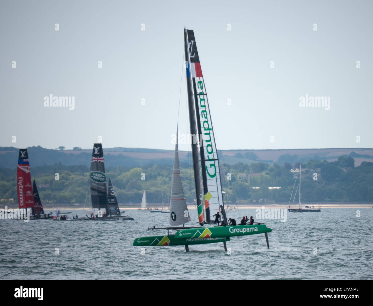 Portsmouth, England, July 25th 2015.The Groupama racing team of France gain speed during the first race of the Americas Cup World Series in Portsmouth. The Americas Cup World Series takes place in Portsmouth between the 23 July and the 26th July 2015 Credit:  simon evans/Alamy Live News Stock Photo