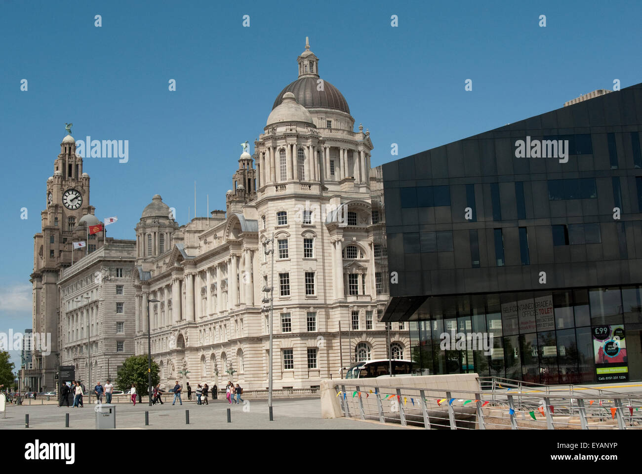 Editorial image taken in Liverpool of the Three Graces buildings on the Pier Head area Stock Photo