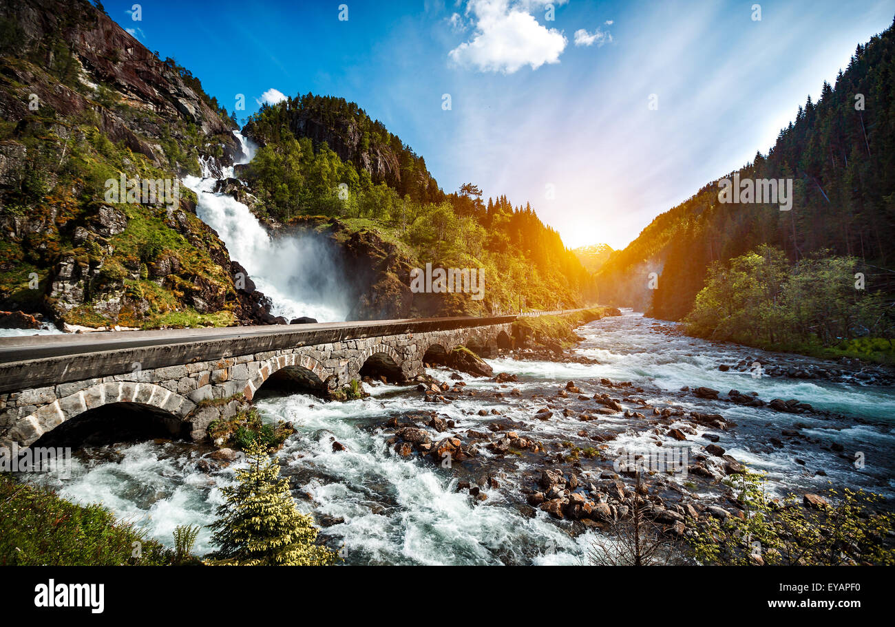 Latefossen Waterfall Odda Norway. Latefoss is a powerful, twin waterfall. Stock Photo