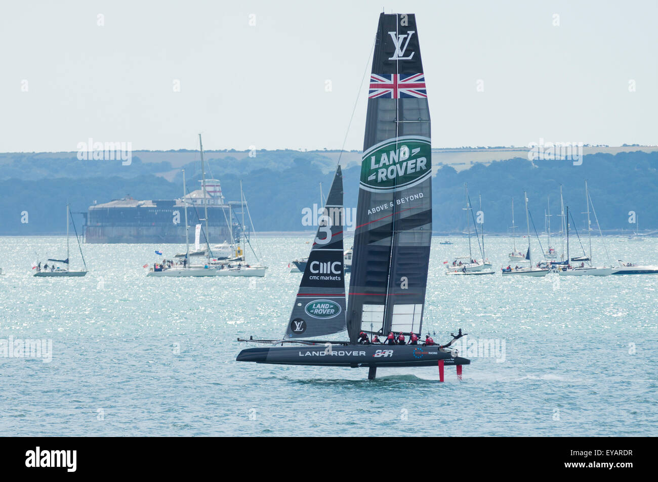 The Solent, UK. 25th July, 2015. Land Rover Ben Ainslie Racing tuning up in the first round of the Americas Cup World Series. Credit:  Esme Vangelis/Alamy Live News Stock Photo