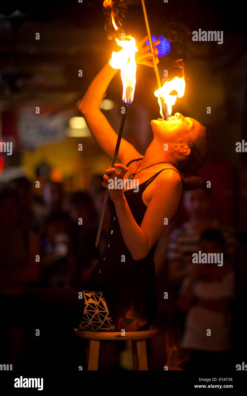 The fire eater, The Freak Show, Venice Beach, California Stock Photo