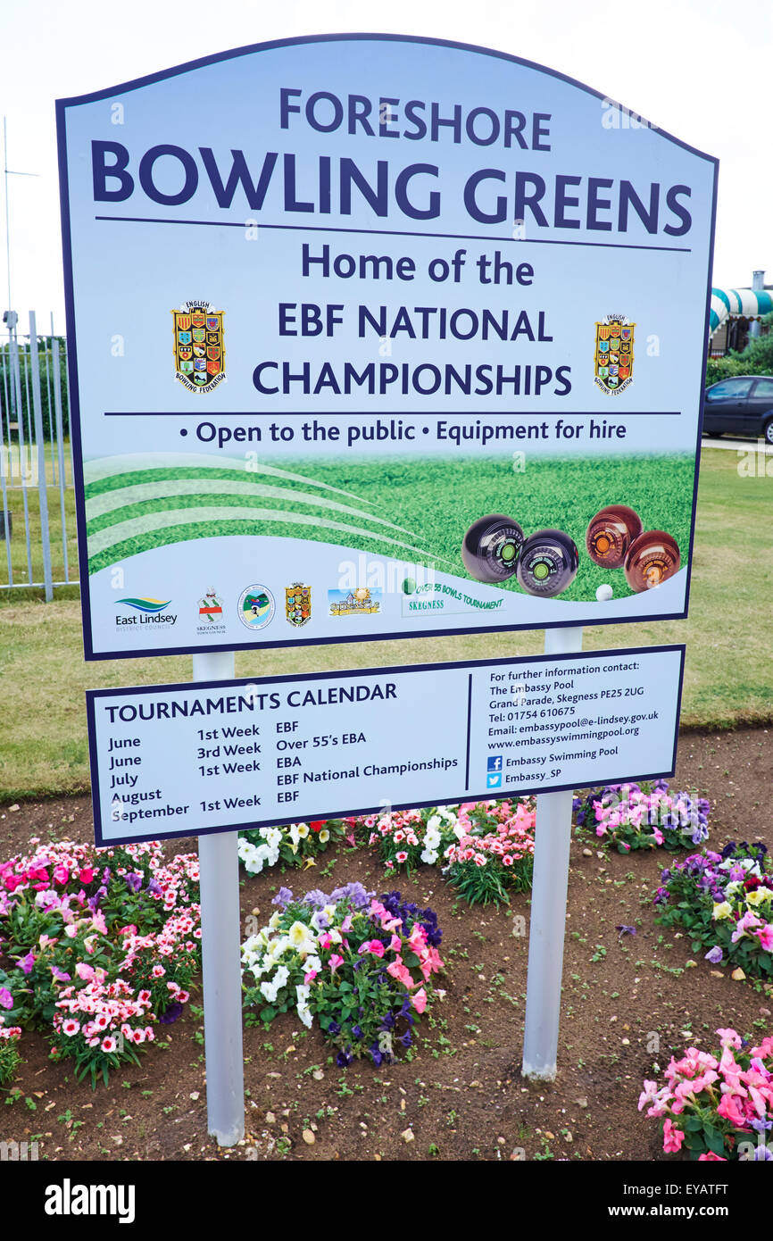 Foreshore Bowling Green Sign Home To The EBF National Championships North Parade Skegness Lincolnshire UK Stock Photo