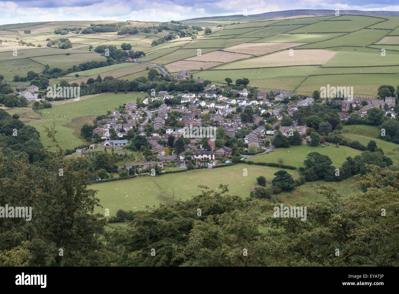 Rainow village on the edge of the Peak District has 2000 people.  Shining Tor and the gritstone moorlands  of the Peak park. Stock Photo