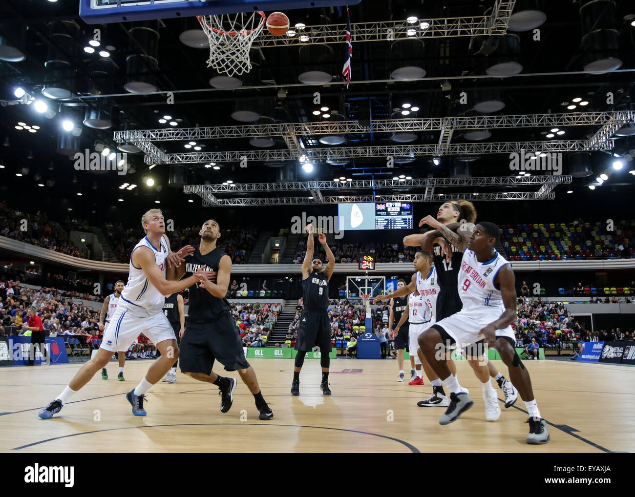 Olympic Park, London, UK. 25th July, 2015. Basketball. GB senior men lose 63 - 84 to NewZealand Tall Blacks at Copper Box, Olympic Park, London, UK July 25, 2015. GB Captain Drew Sullivan becomes first GB men's player to win 100 caps. Credit:  carol moir/Alamy Live News Stock Photo