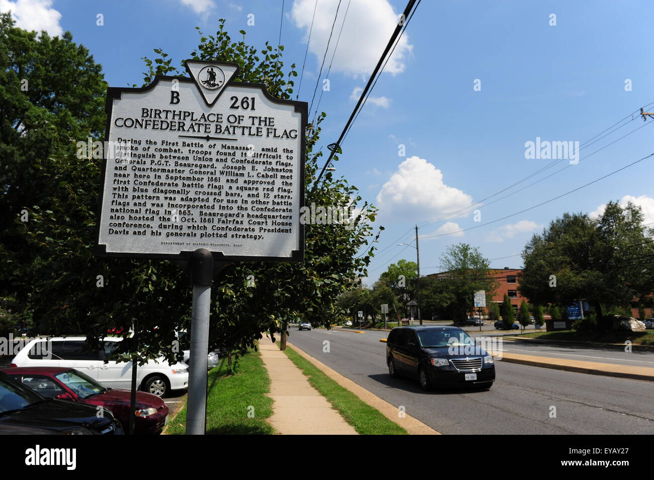USA Virginia VA Fairfax City here the first Confederate Battle Flag was first made - historical marker on Main Street Stock Photo