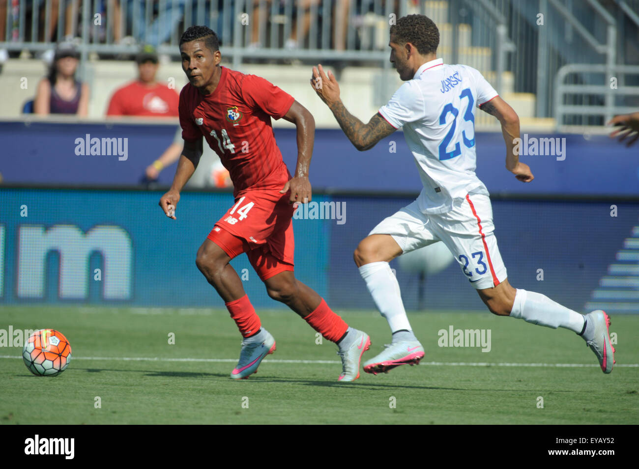 Chester, Pennsylvania, USA. 25th July, 2015. USA player FABIAN JOHNSON (23) in action against PANAMA player MIGUEL CAMARGO, (14) in the third place match which was played at PPL Park in Chester Pa (Credit Image: © Ricky Fitchett via ZUMA Wire) Stock Photo