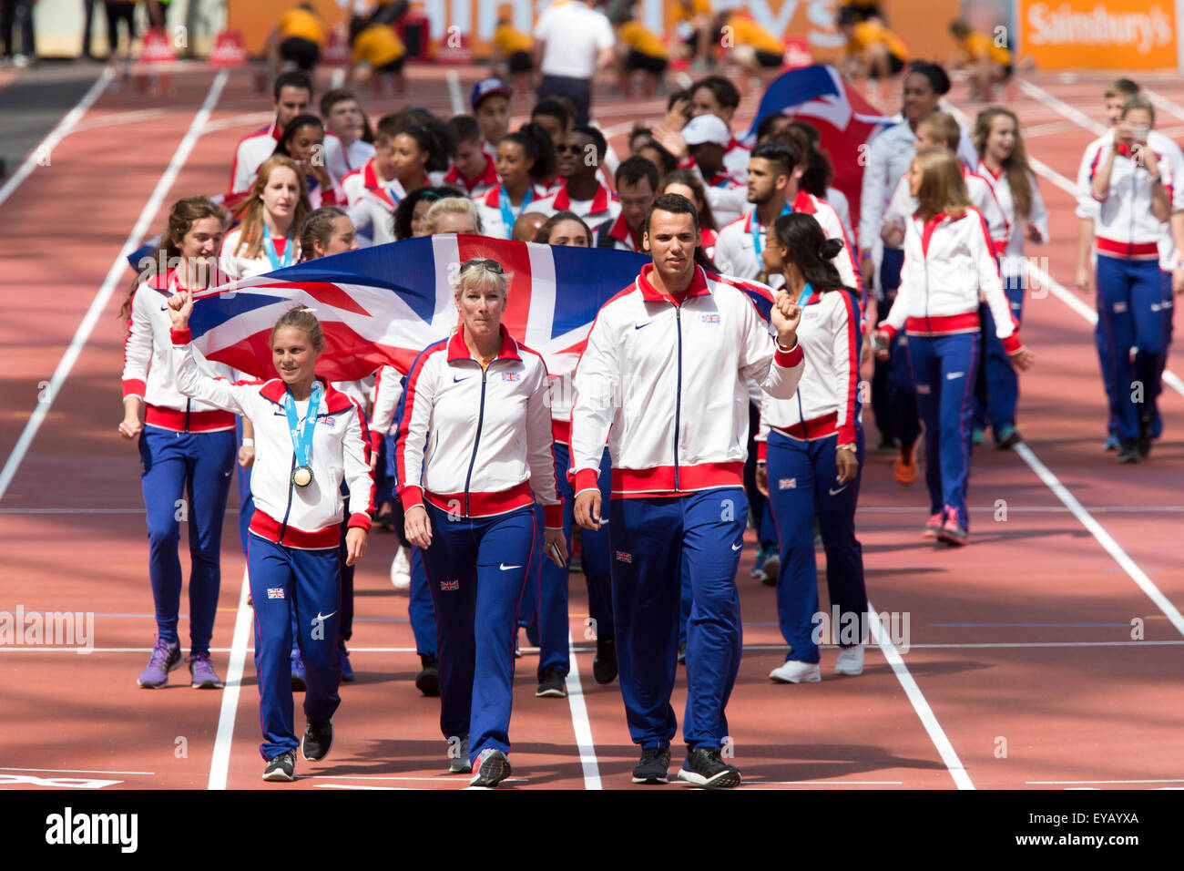 London, UK. 25th July, 2015. GB junior athletics team parade at the Diamond League Sainsbury's Anniversary Games, Queen Elizabeth Olympic Park, Stratford, London, UK. Credit:  Simon Balson/Alamy Live News Stock Photo