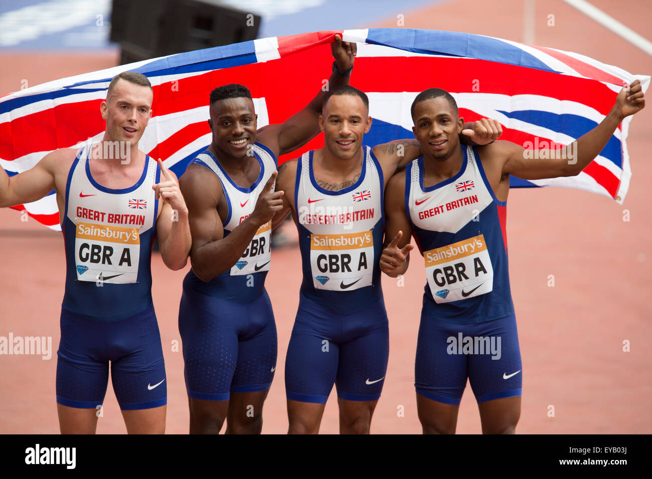 London, UK. 25th July, 2015. Team GBR A, (Richard KILTY, Harry AIKINES-ARYEETEY, James ELLINGTON, Chijindu UJAH) Men's 4x100m relay, Diamond League Sainsbury's Anniversary Games, Queen Elizabeth Olympic Park, Stratford, London, UK. Credit:  Simon Balson/Alamy Live News Stock Photo