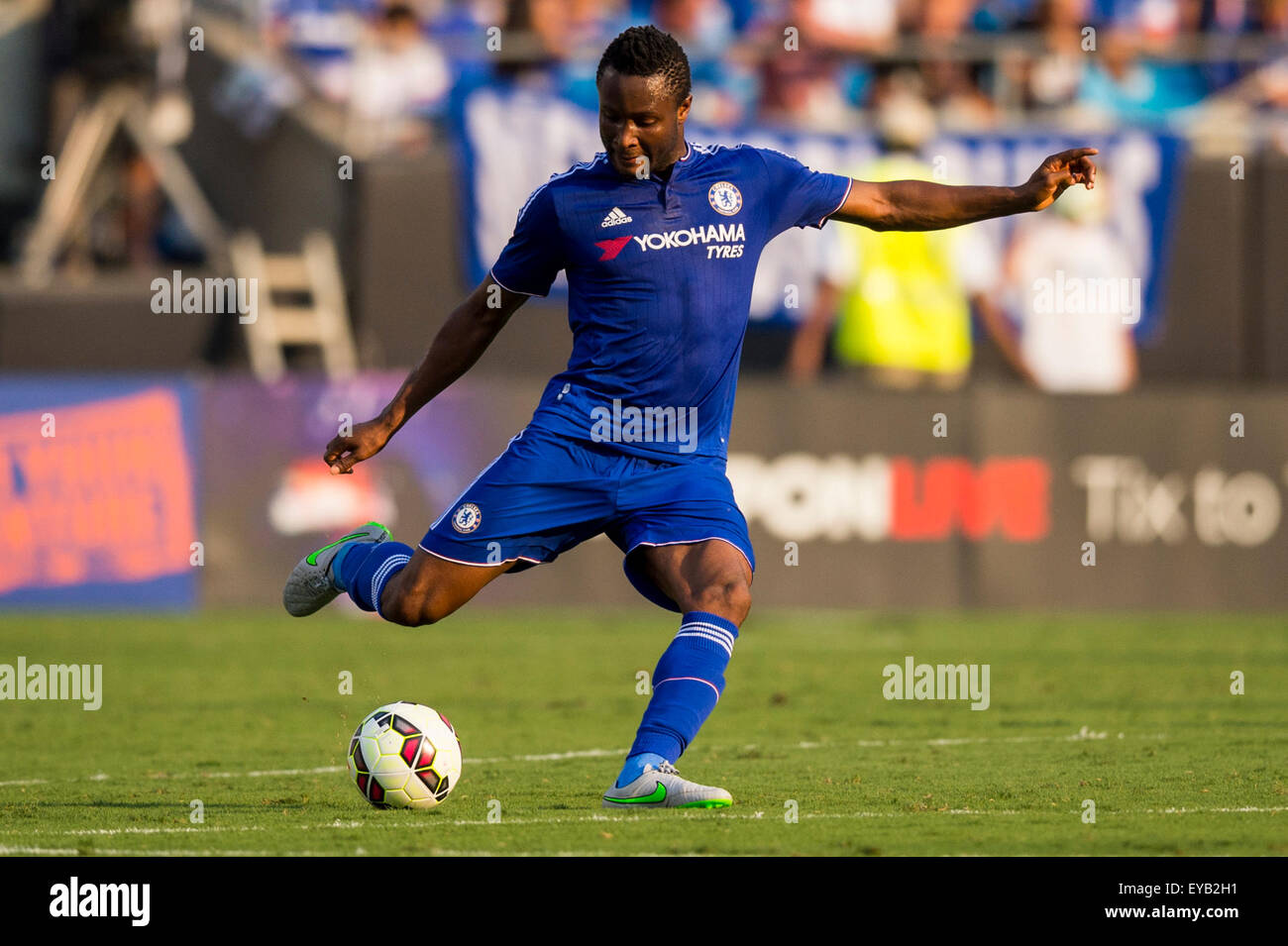 Charlotte, NC, USA. 25th July, 2015. #12 Chelsea M John Mikel Obi during the International Champions Cup match between Chelsea FC and Paris Saint-Germain at Bank of America Stadium in Charlotte, NC. Jacob Kupferman/CSM/Alamy Live News Stock Photo