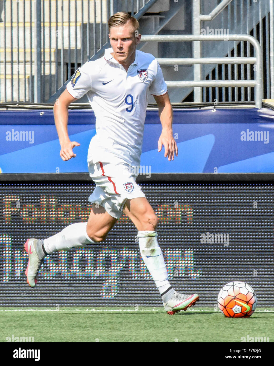 Panamanian football team defeats the United States Mens National Soccer Team on penalty kicks in the third place game of the CONCACAF Gold Cup | Professional soccer / football players showcase athleticism and competitive drive on the pitch in Chester Pennsylvania | American athletes / USMNT compete and lose in World Cup tune-up | Stock Photo