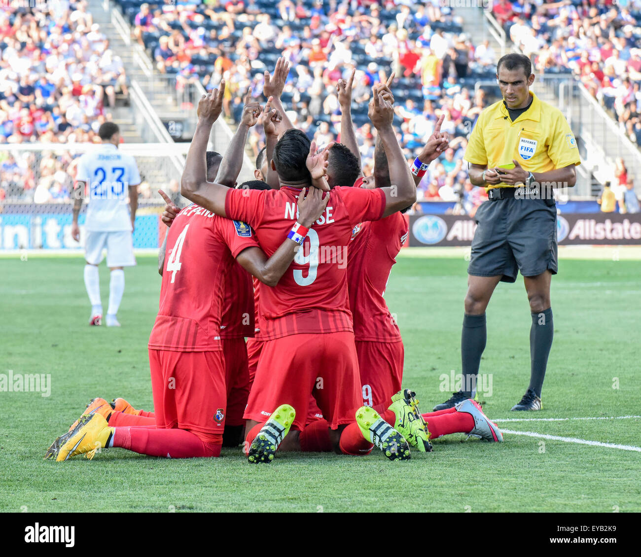 Panamanian football team defeats the United States Mens National Soccer Team on penalty kicks in the third place game of the CONCACAF Gold Cup | Professional soccer / football players showcase athleticism and competitive drive on the pitch in Chester Pennsylvania | American athletes / USMNT compete and lose in World Cup tune-up | Stock Photo