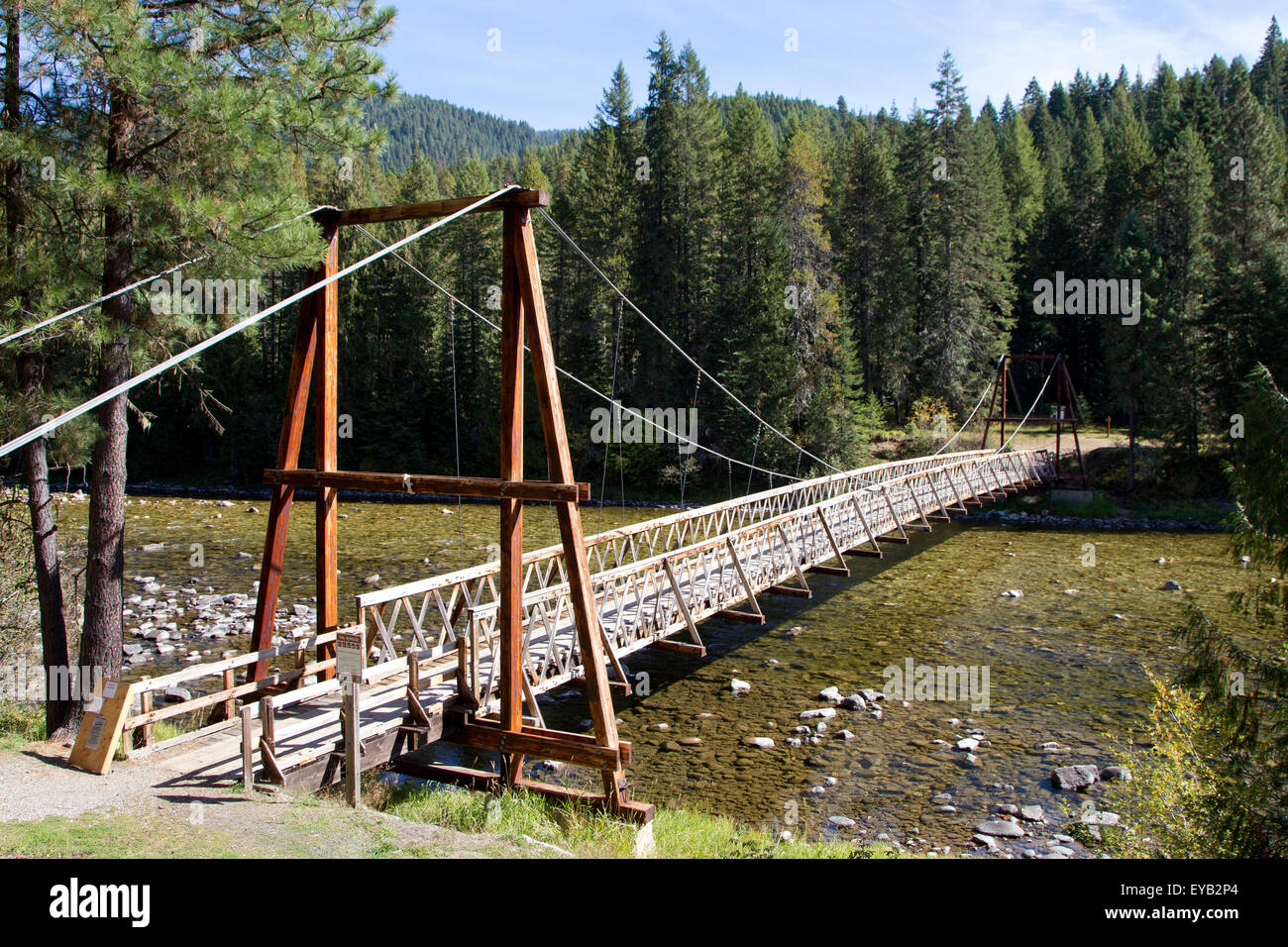 Suspension Bridge over the Lochsa River, Clearwater National Forest, Idaho Stock Photo