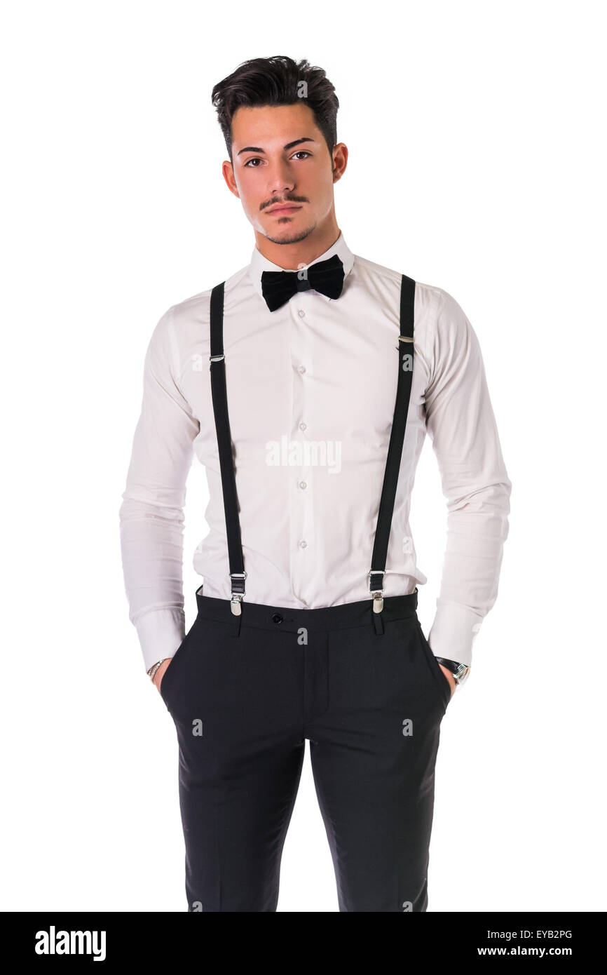Handsome elegant young man with business suit, suspenders, isolated on white,  smiling and looking at camera Stock Photo - Alamy