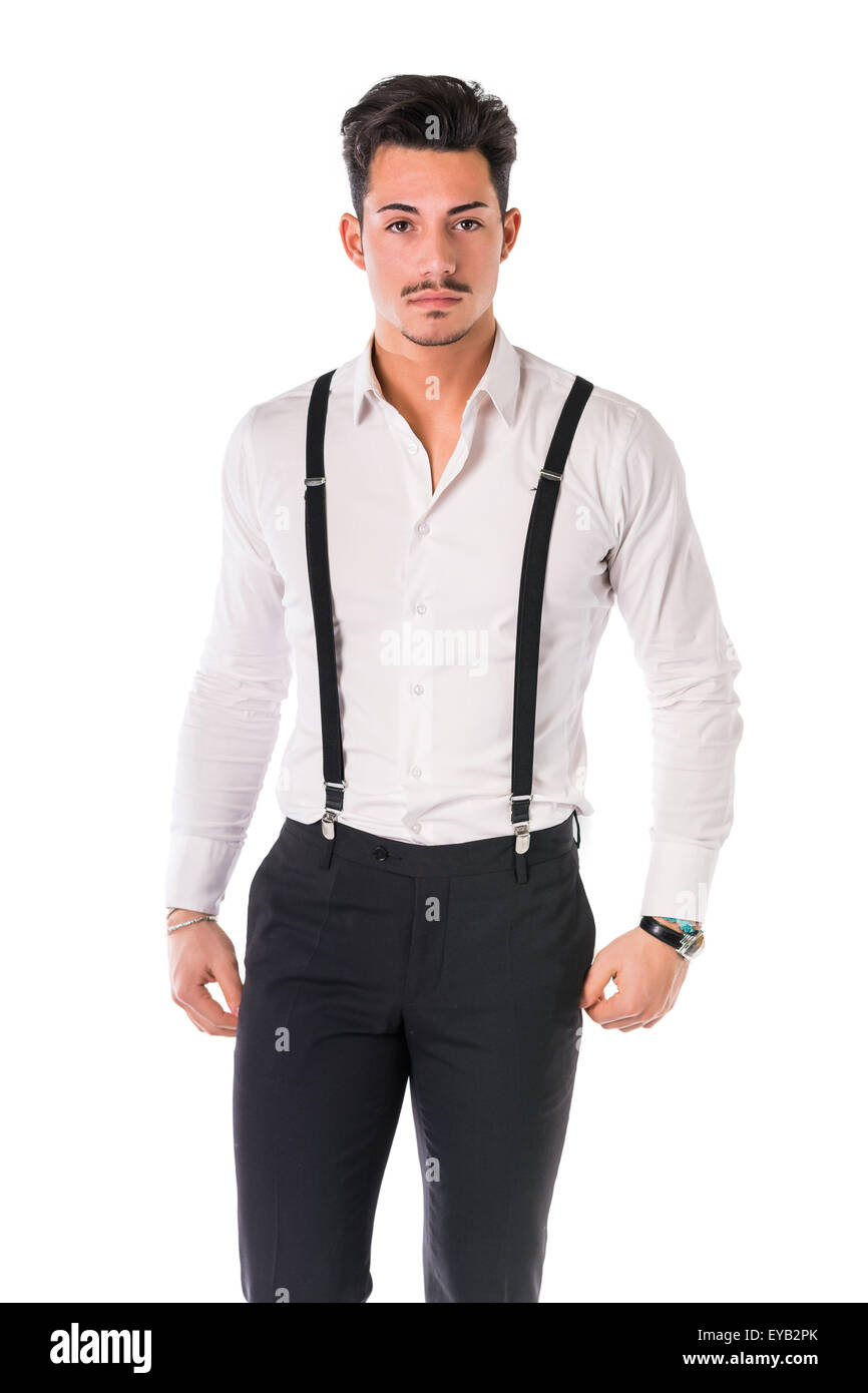 Handsome elegant young man with business suit, suspenders, isolated on ...