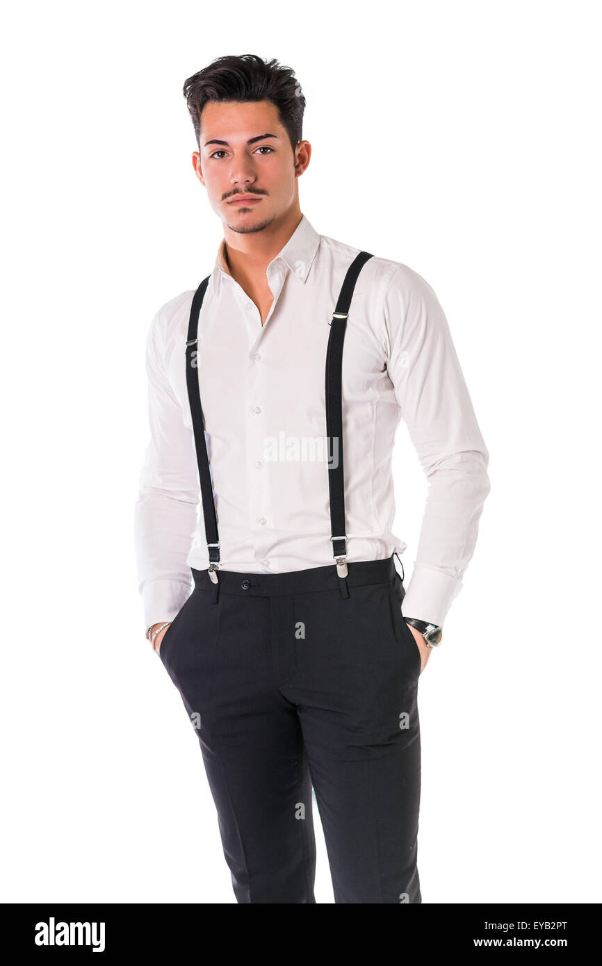 Handsome elegant young man with business suit, suspenders, isolated on white, smiling and looking  at camera Stock Photo