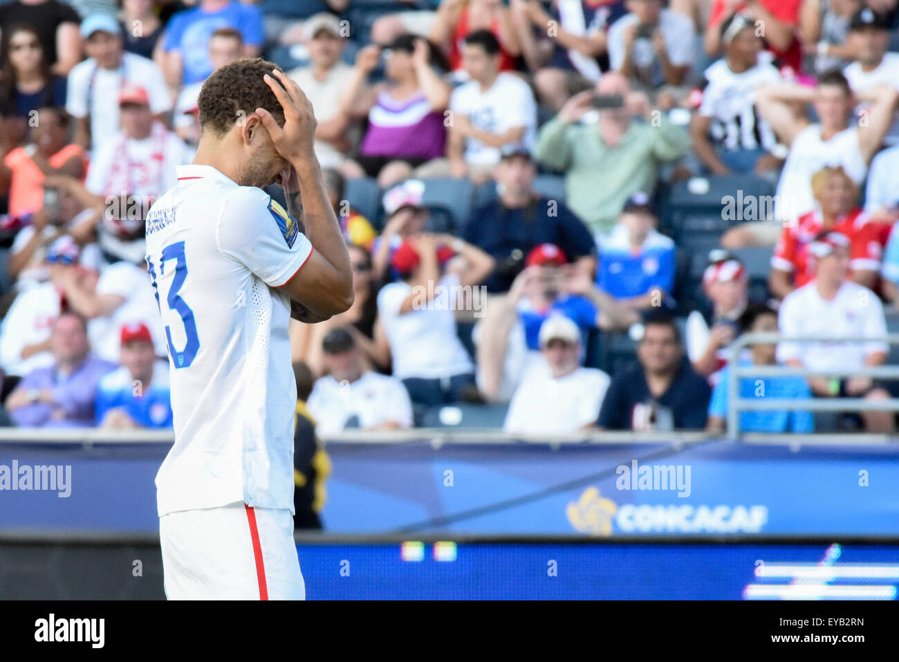 Panamanian football team defeats the United States Mens National Soccer Team on penalty kicks in the third place game of the CONCACAF Gold Cup | Professional soccer / football players showcase athleticism and competitive drive on the pitch in Chester Pennsylvania | American athletes / USMNT compete and lose in World Cup tune-up | Stock Photo