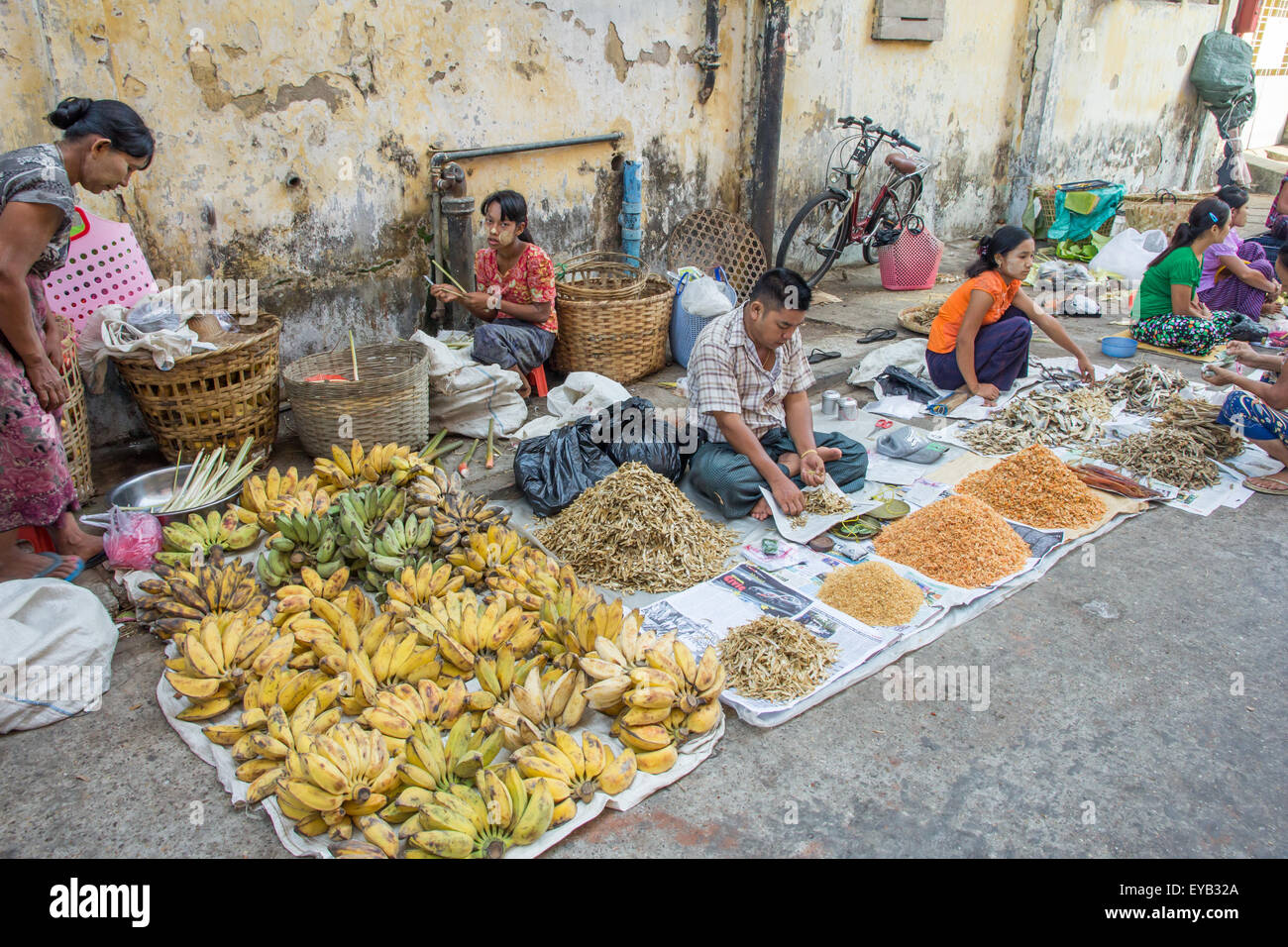 Stalls selling fruit dried fish street market in Yangon (Rangoon