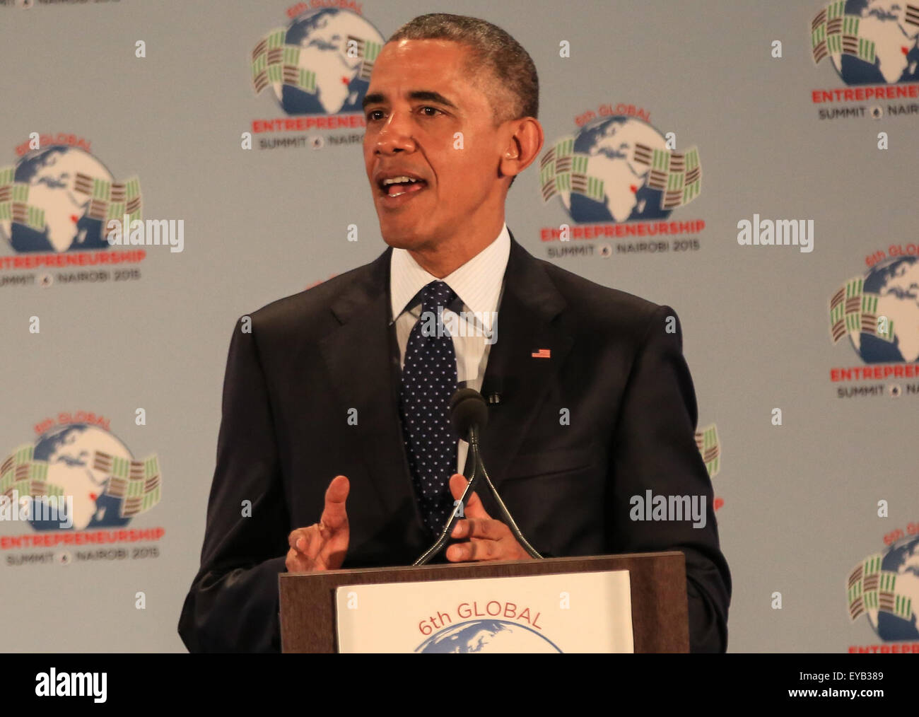 Kenya. 25th July, 2015. US President Barack Obama delivers a speech during the official opening of the 6th Global Entrepreneurship Summit (GES), at the UNEP Headquarters in Nairobi, Kenyan capital. Obama is on his three day visit to the country, his first visit to his father's homeland since becoming president. He promoted Africa as a hub for global economic growth during a four-day state visit to Kenya and Ethiopia to address terrorism, economic recovery and human rights. © Tom Maruko/Pacific Press/Alamy Live News Stock Photo