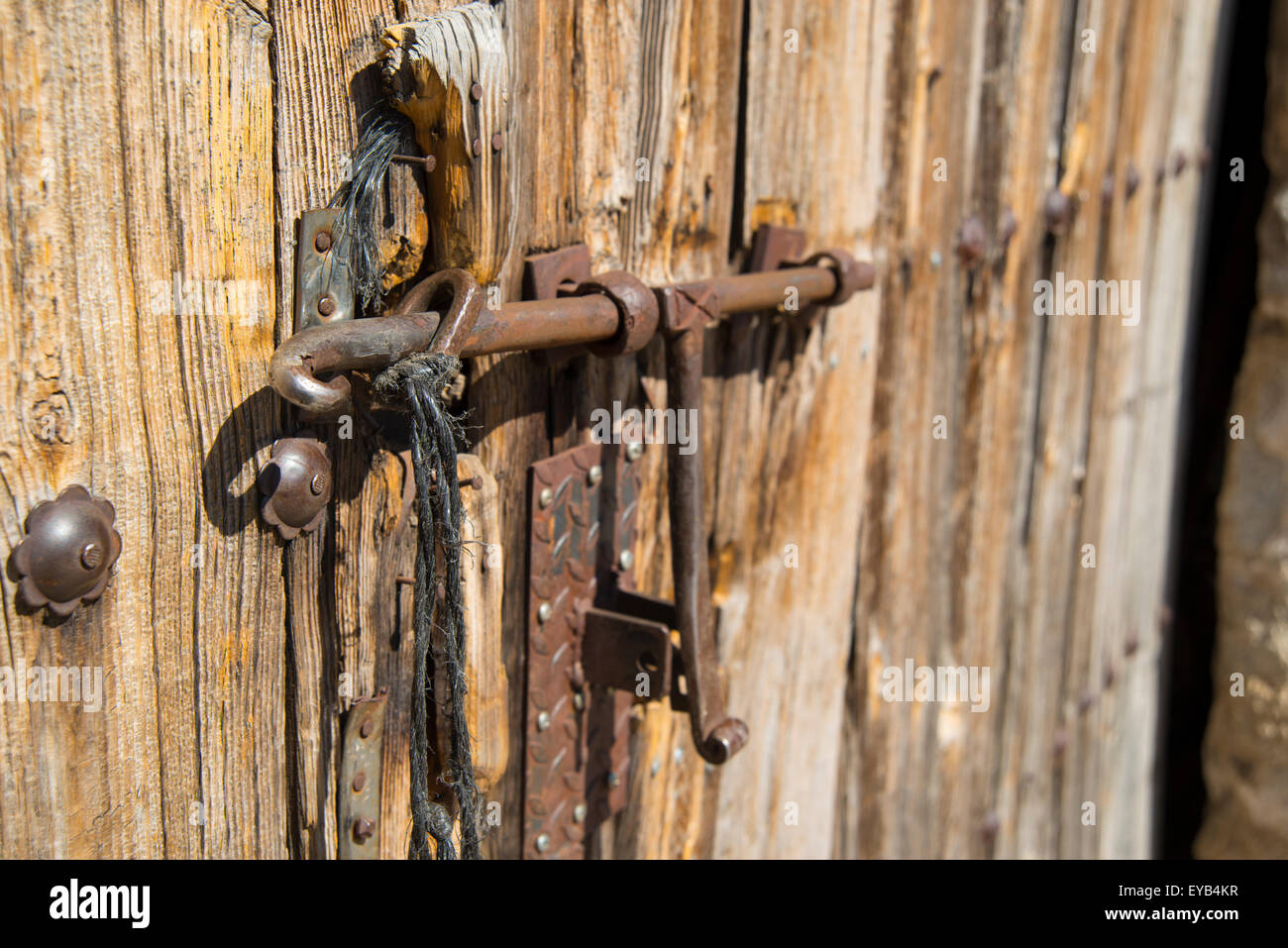 Rustic wooden door. Close view. Stock Photo