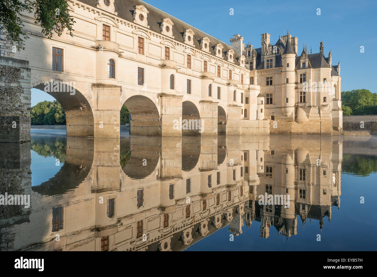 Chenonceau castle, built over the Cher river , Loire Valley,France,at dawn. Stock Photo