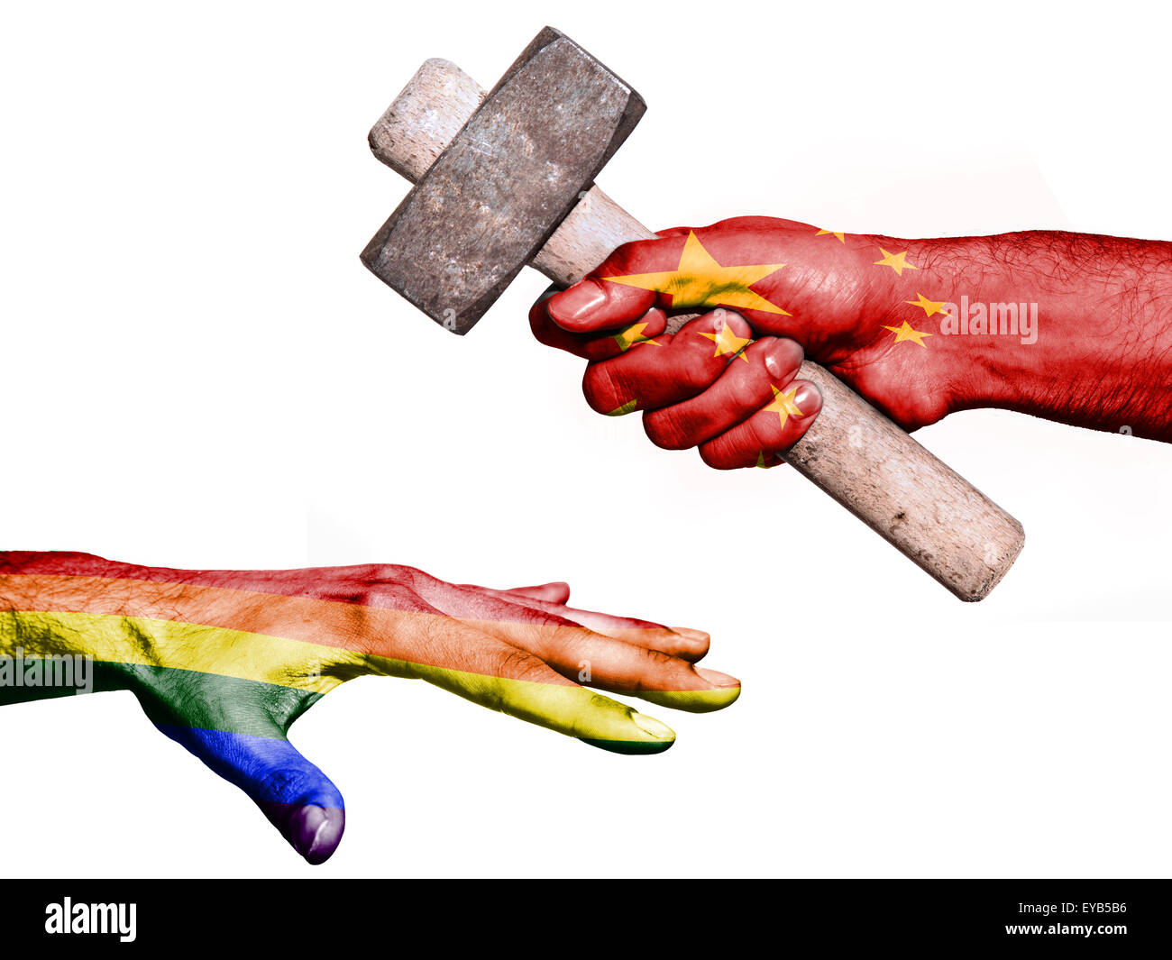 Flag of China overprinted on a hand holding a heavy hammer hitting a hand representing the Peace. Conceptual image for political Stock Photo