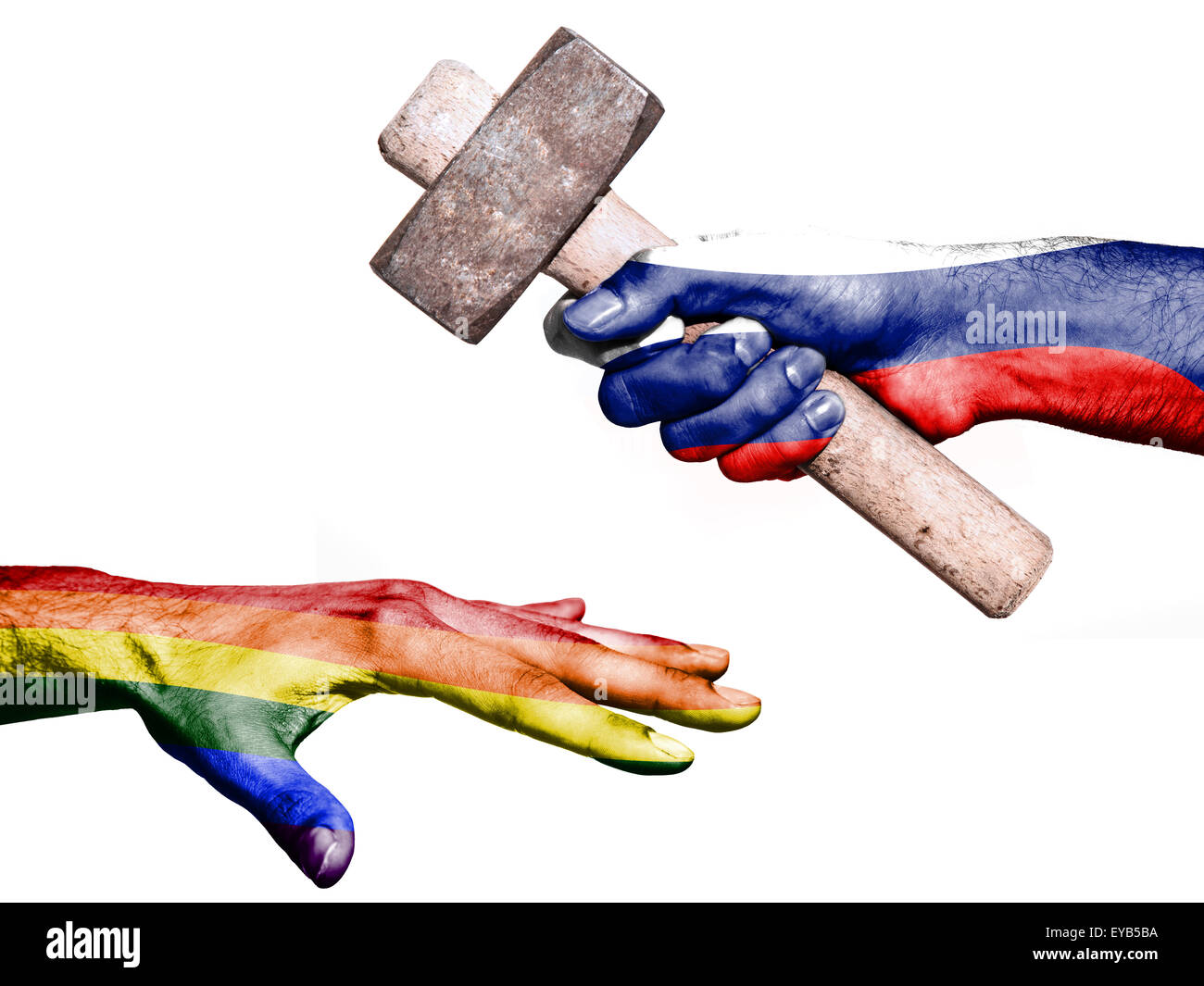 Flag of Russia overprinted on a hand holding a heavy hammer hitting a hand representing the Peace. Conceptual image for politica Stock Photo