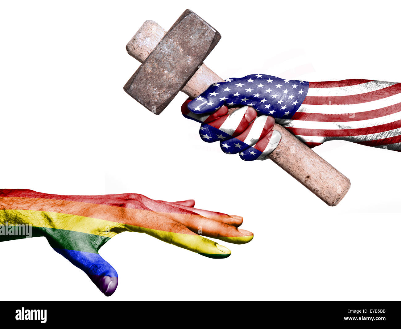 Flag of United States overprinted on a hand holding a heavy hammer hitting a hand representing the Peace. Conceptual image for p Stock Photo