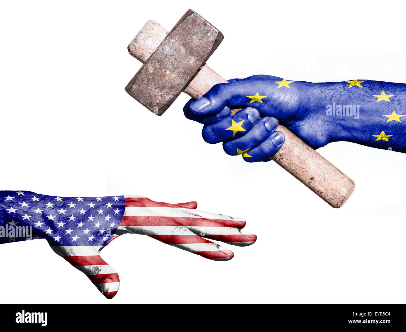 Flag of European Union overprinted on a hand holding a heavy hammer hitting a hand representing the United States. Conceptual im Stock Photo