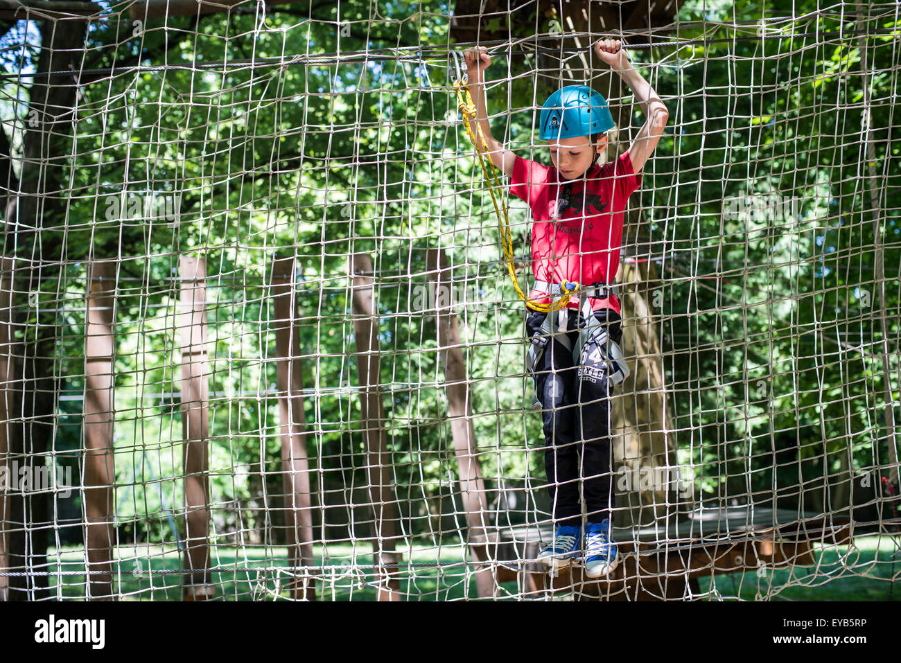 Primaryschool boy involved in ropes course climbing activity in
