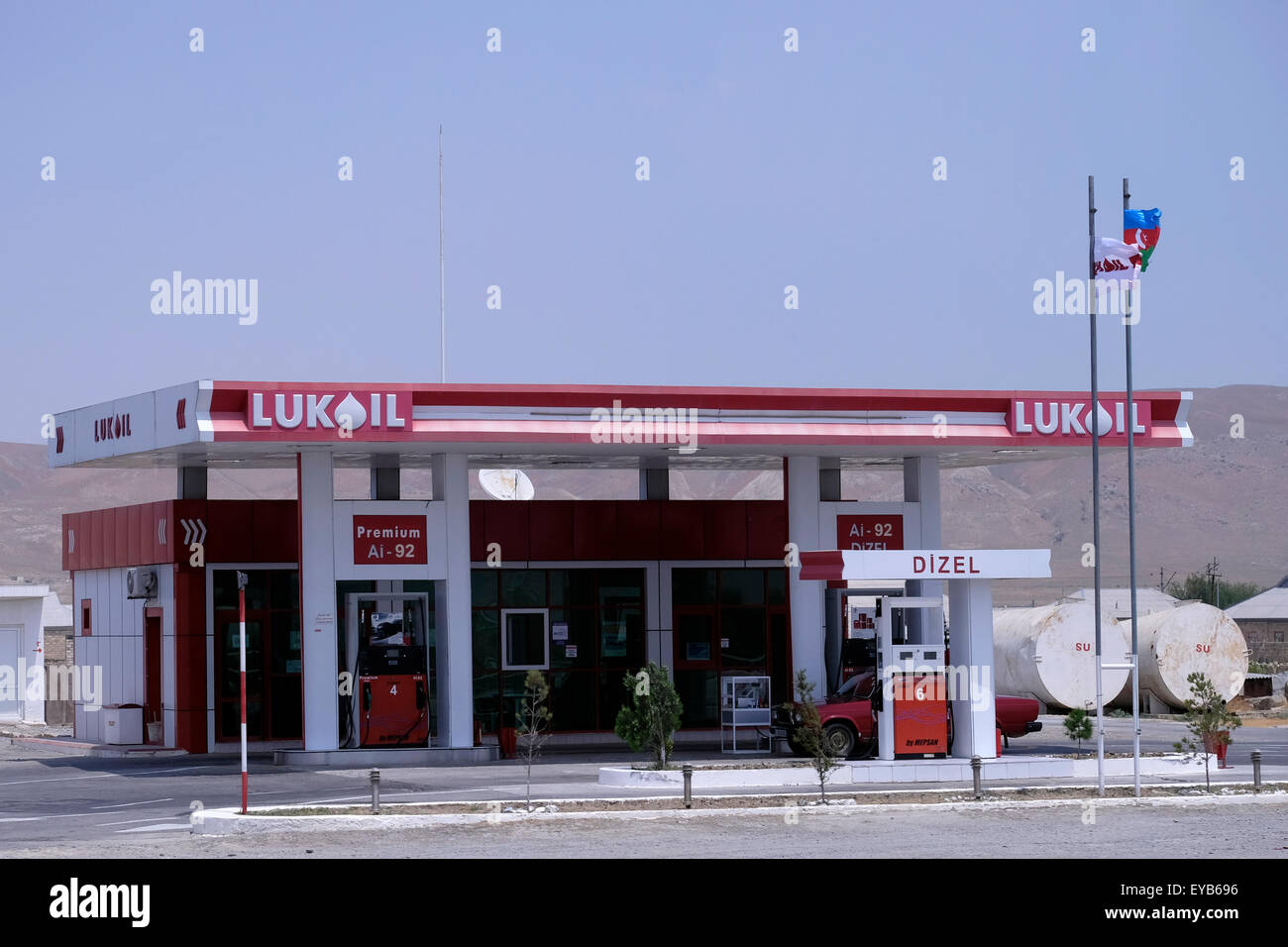 Lukoil gasoline station in Azerbaijan. The PJSC Lukoil Oil Company stylized as LUKOIL is a Russian multinational energy corporation specializing in the business of extraction, production, transport, and sale of petroleum, natural gas, and petroleum products. Stock Photo