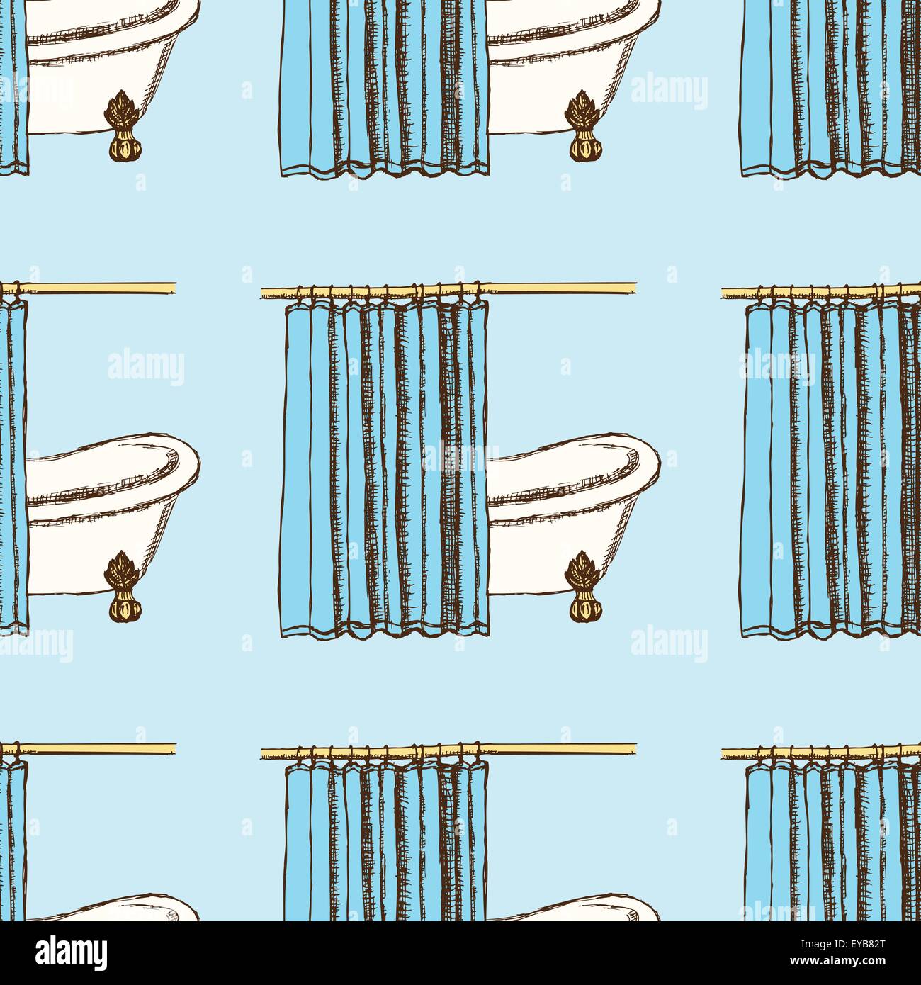 Sketch bath curtains in vintage style, vector seamless pattern Stock ...