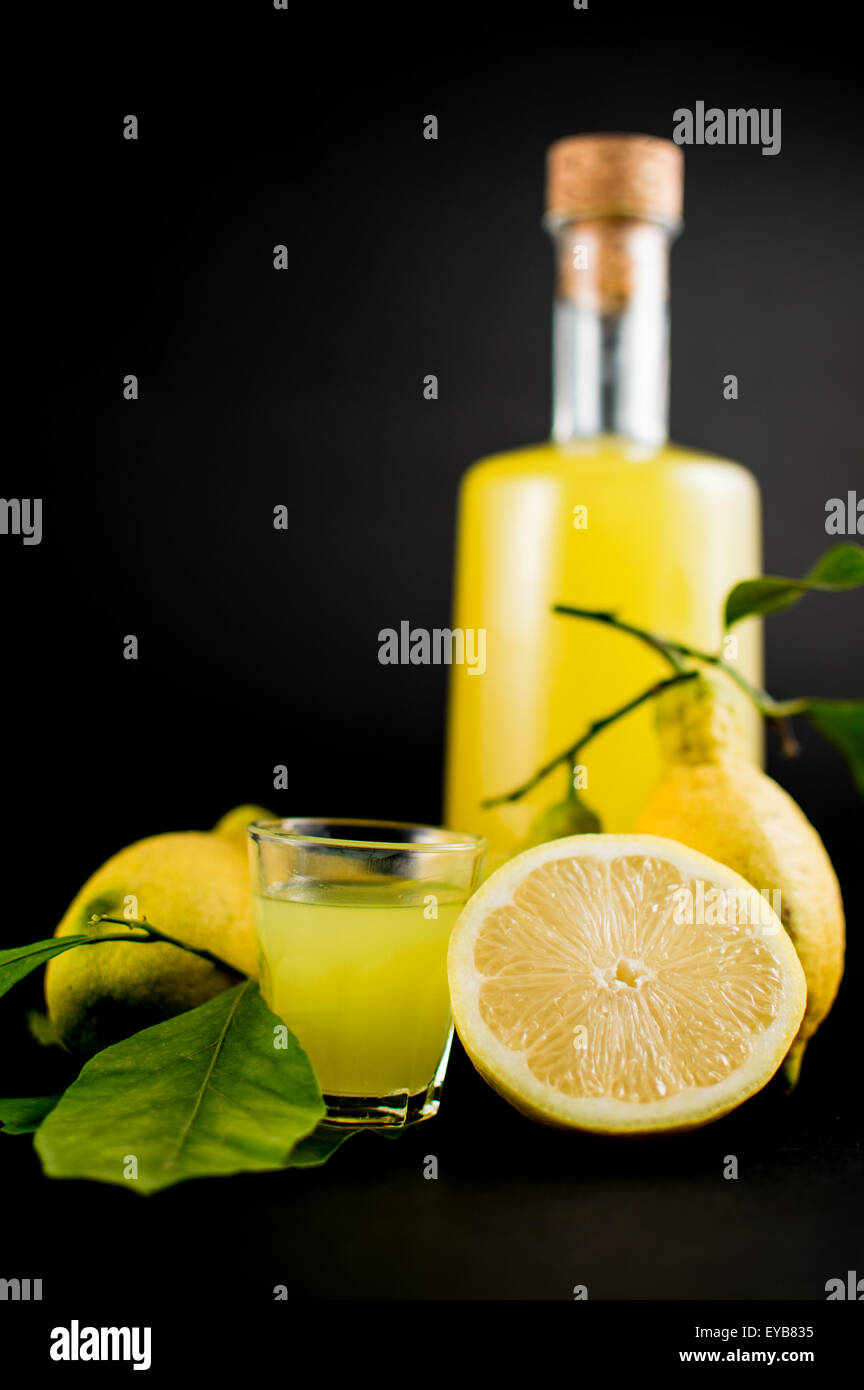 'Limoncello' is the traditional liqueur distilled from the peel of lemons (called sfusato amalfitano) produced in all the Coast Stock Photo