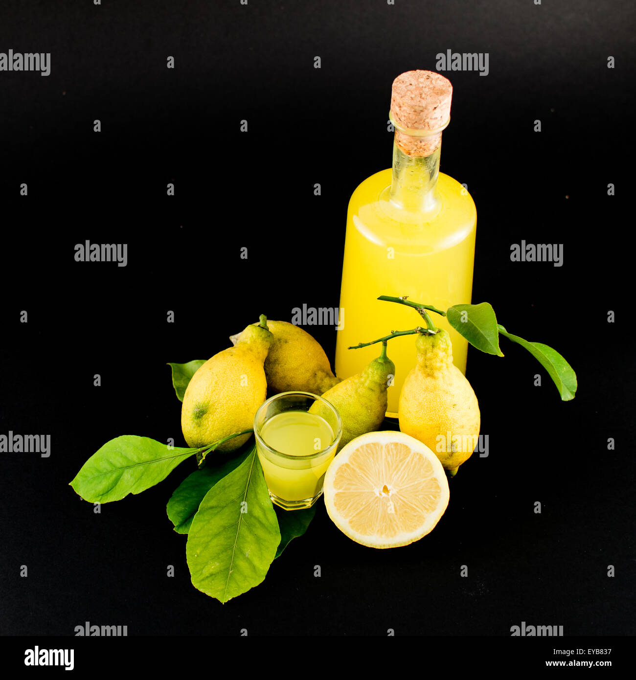 'Limoncello' is the traditional liqueur distilled from the peel of lemons (called sfusato amalfitano) produced in all the Coast Stock Photo