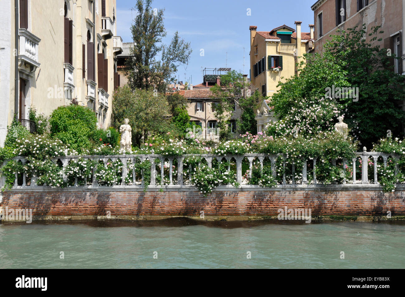 Italy - Venice - unexpected on Canale Grande - secluded sunlit rose garden - classical statues - ornate stone parapet - colour Stock Photo
