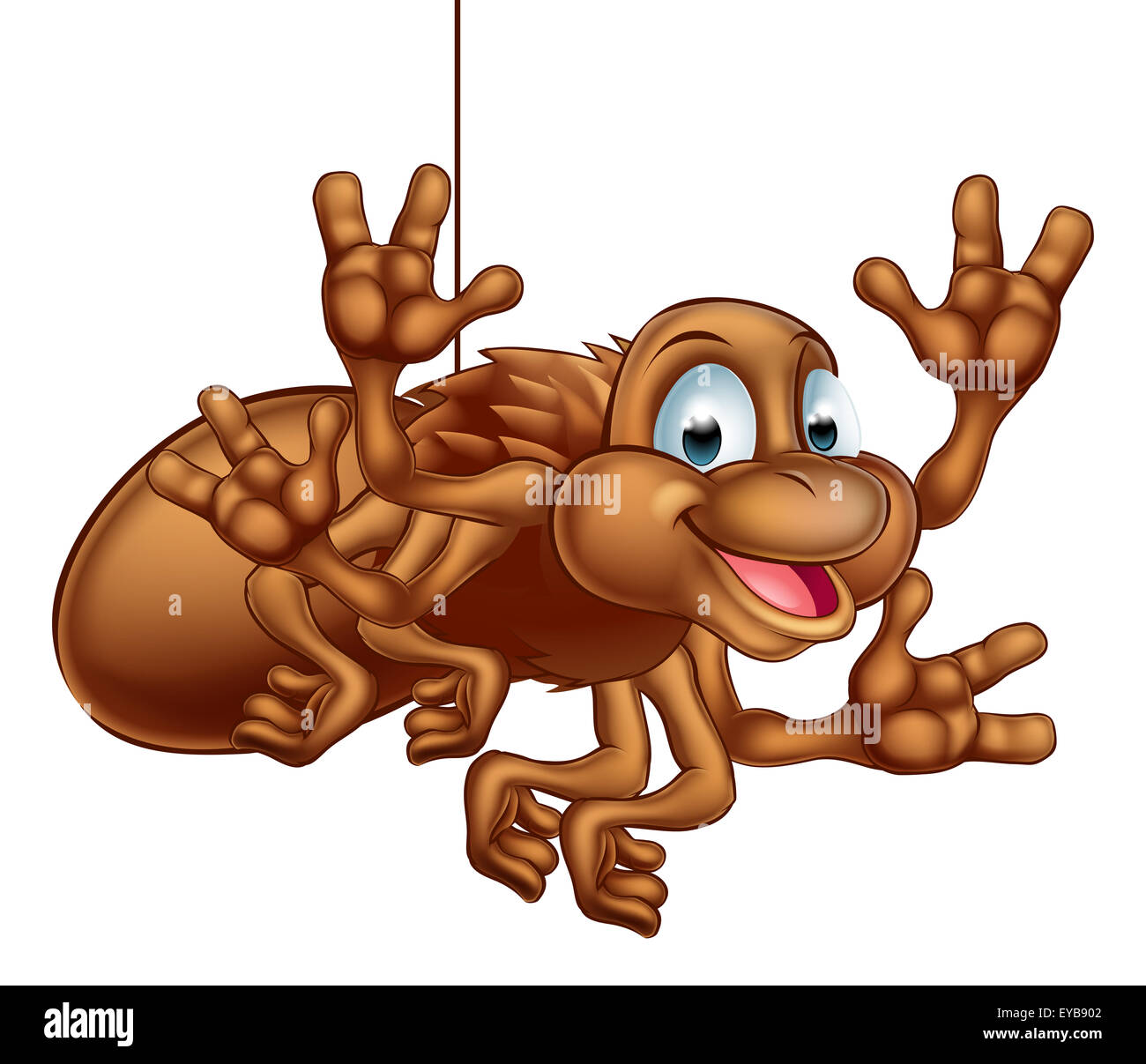 An illustration of a cute cartoon spider hanging from its web Stock Photo