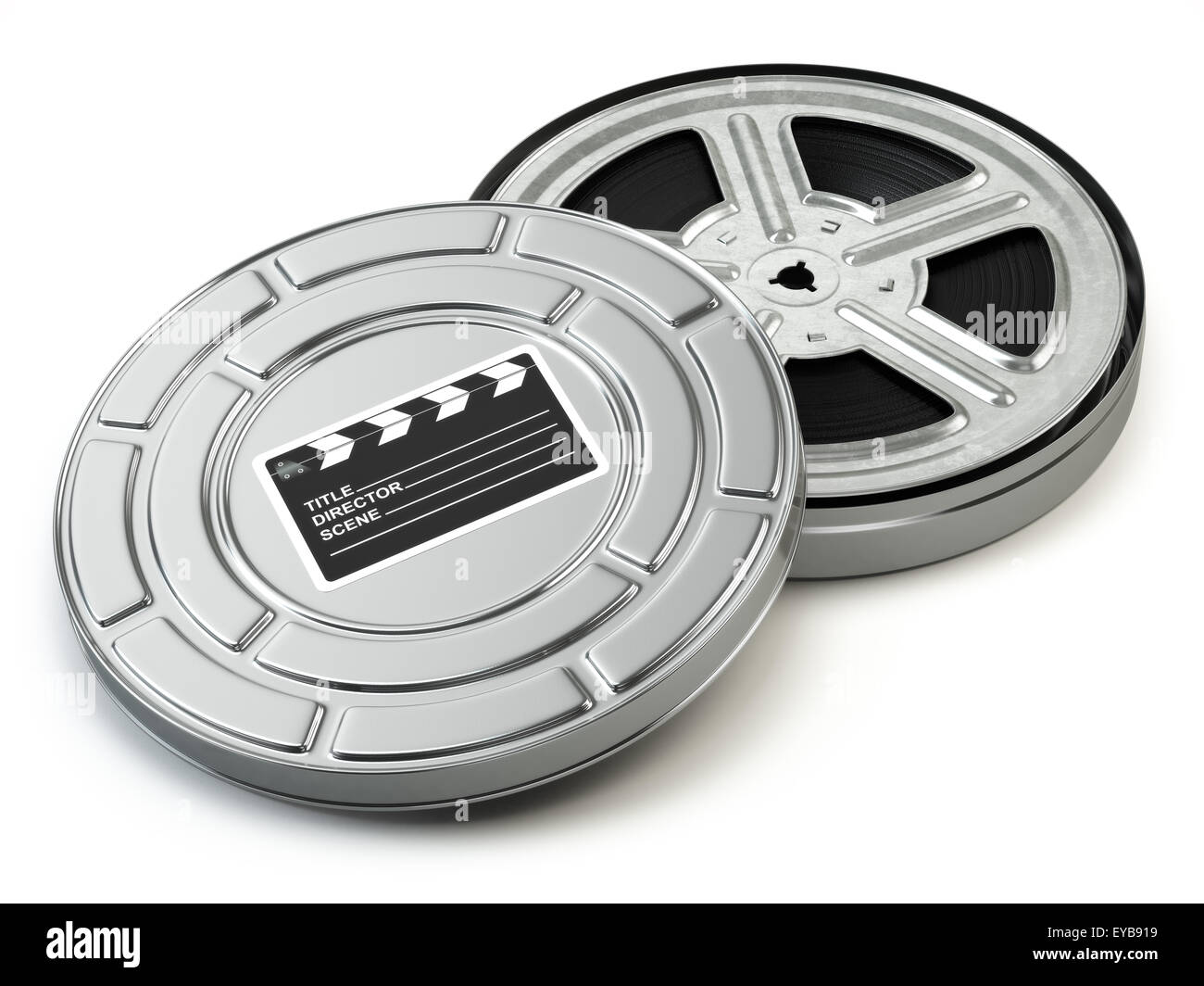 Film reel and box. Video, movie, cinema vintage concept. 3d Stock Photo