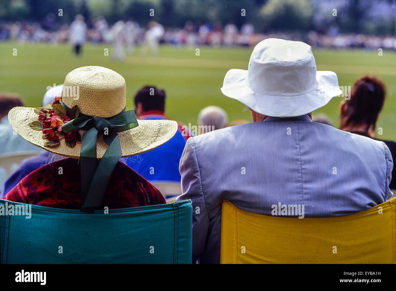 Elderly cricket spectators watching a game at Horntye Park, Hastings. East Sussex. England. UK Stock Photo