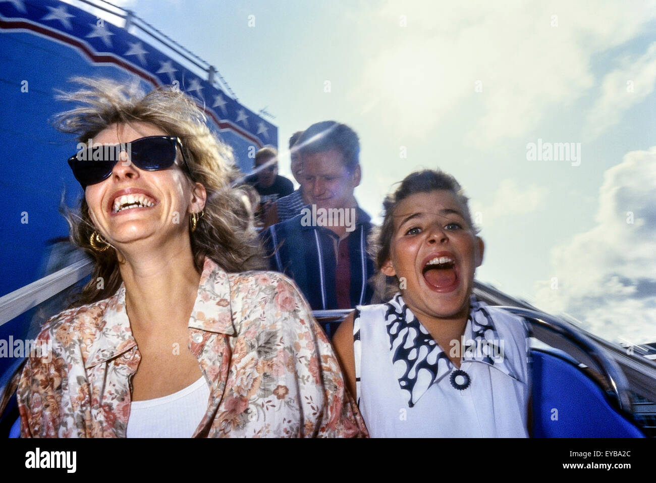 A family enjoying a ride on the scenic railway roller coaster. Great Yarmouth Pleasure Beach. Norfolk. England. UK Stock Photo