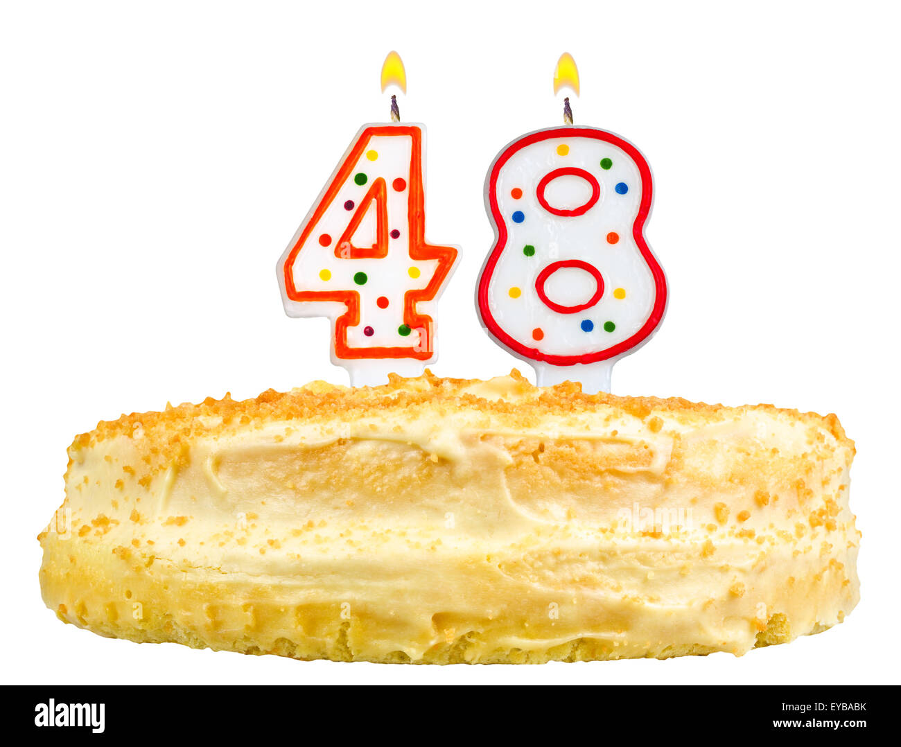 birthday cake with candles number forty eight isolated on white background Stock Photo