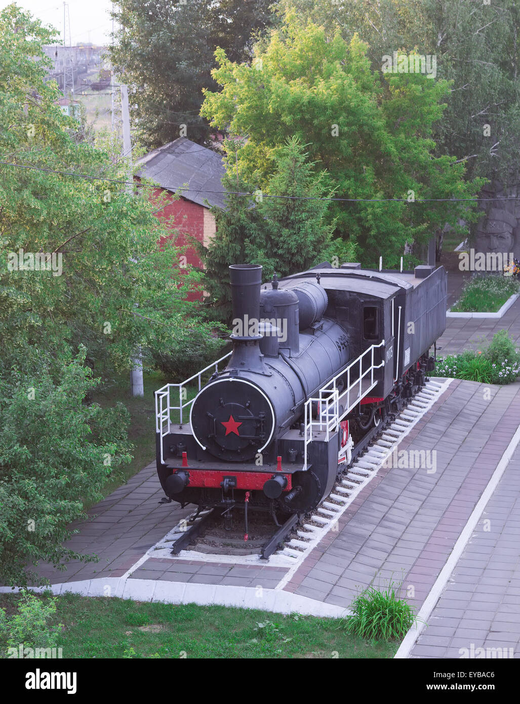 Monument of old steam locomotive, operated during the First and Second World Wars. Stock Photo