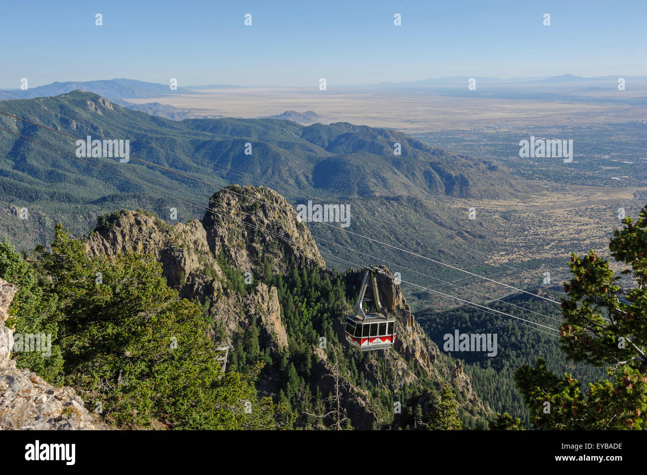 Sandia Aerial Peak Tram with views of the Rio Grande valley. Albuquerque. New Mexico. USA Stock Photo