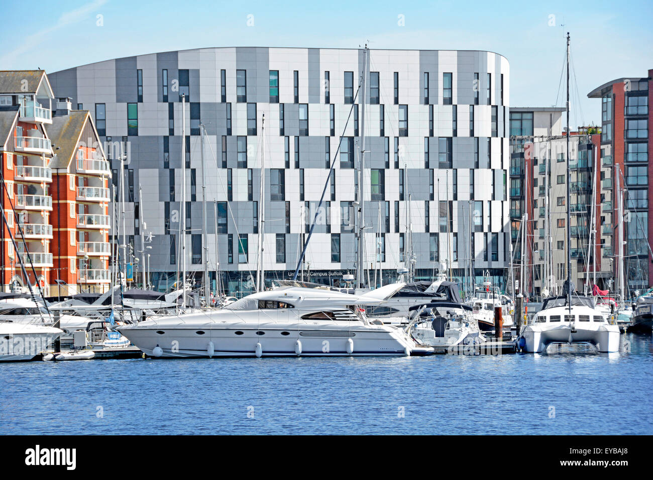 Ipswich waterfront marina boats and modern buildings of University