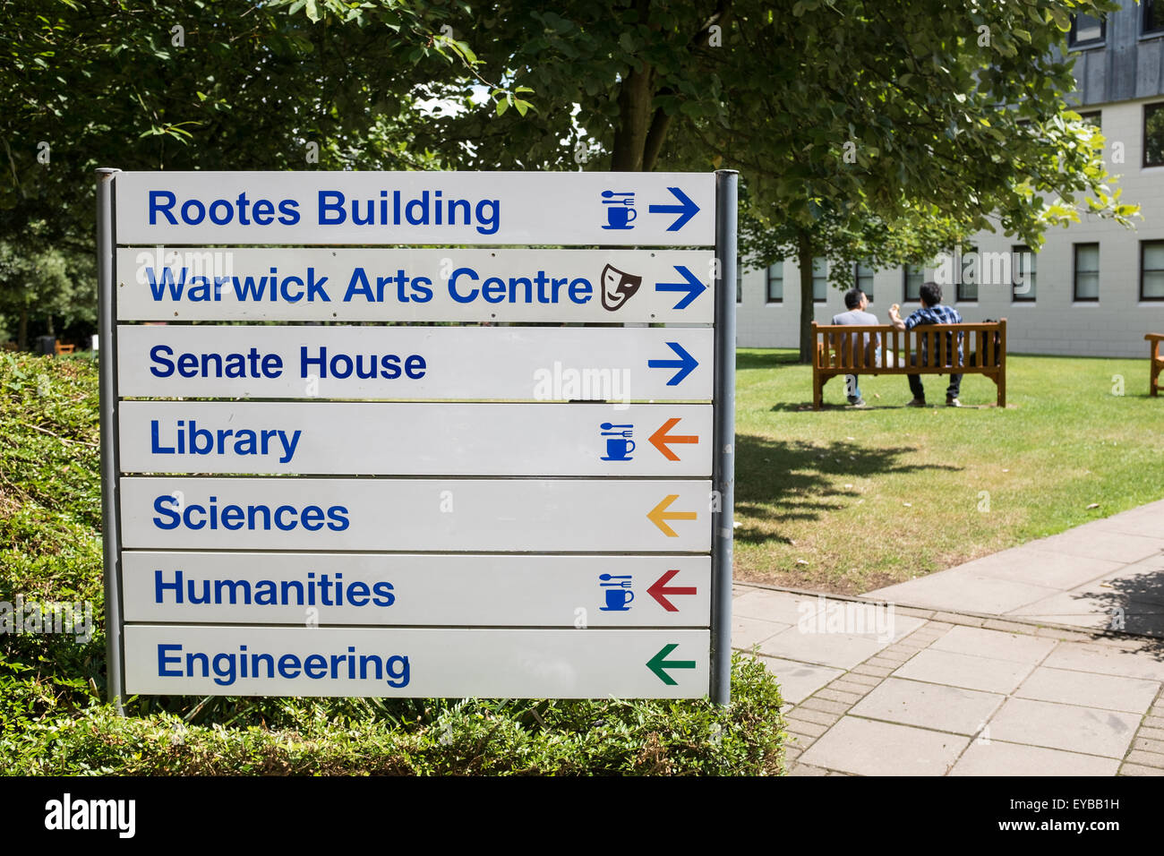Signage at Warwick University with two students in the background Stock Photo