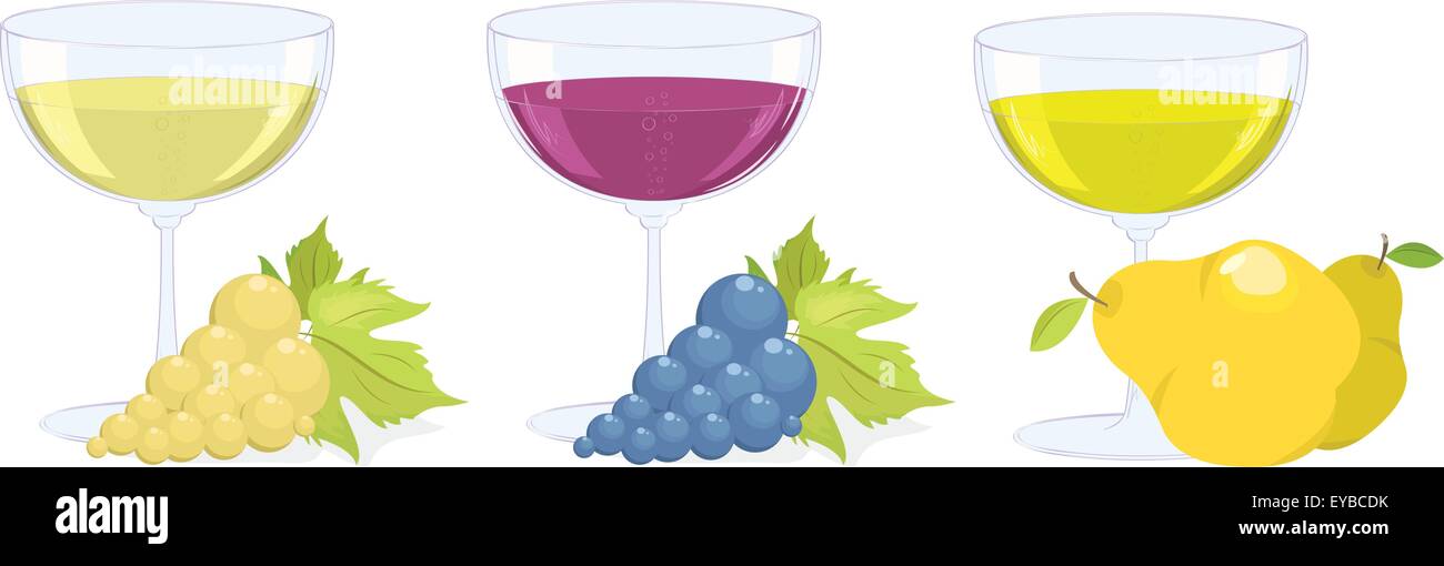 three glasses with grape and fruit wines. vector set Stock Vector Image