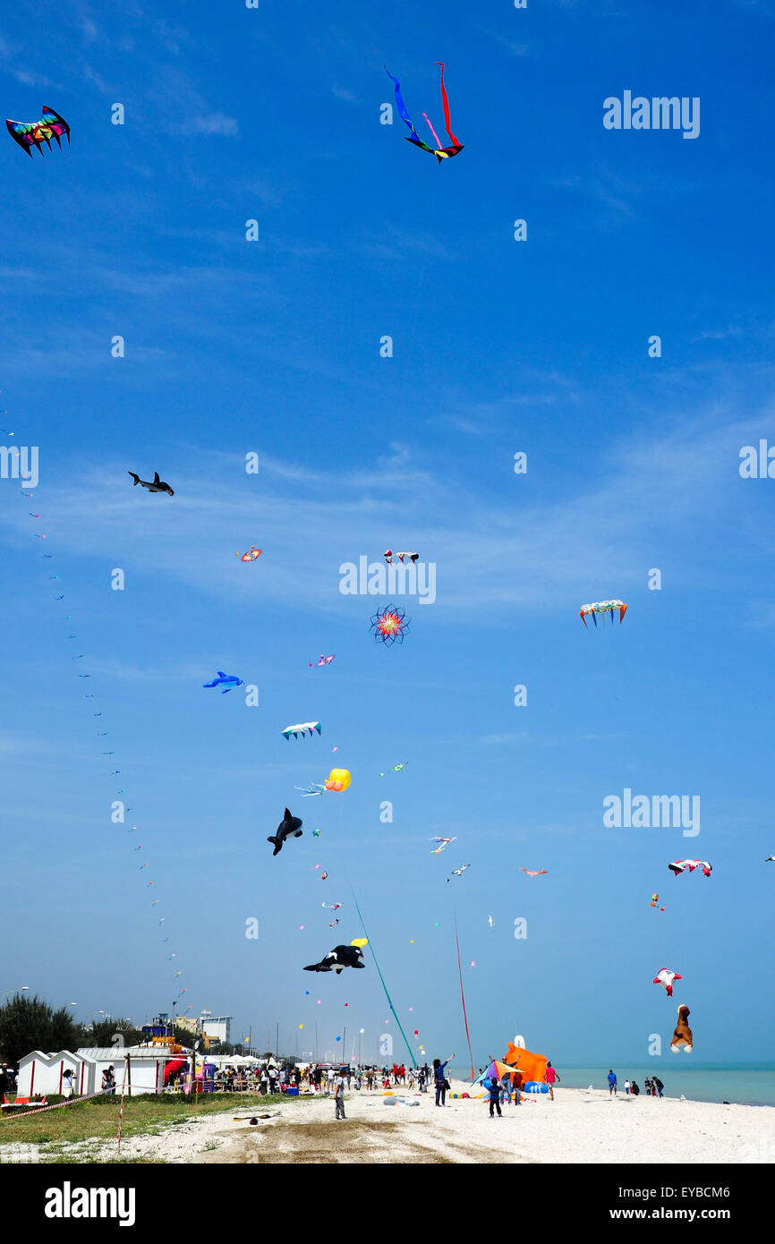 Colourful and animal shaped kites flying over a beach. Stock Photo